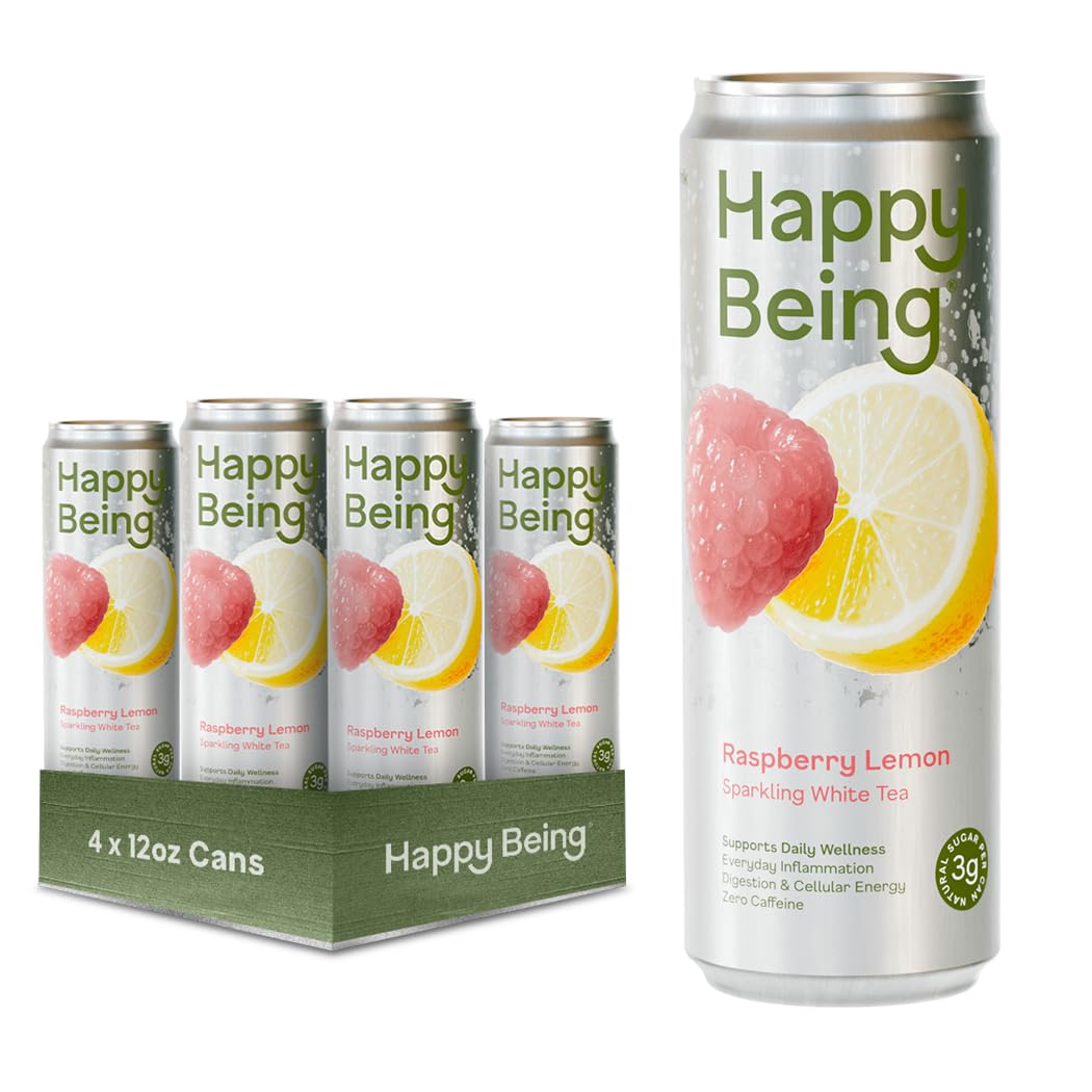 happy being front pack shot showing four 12oz cans and bright raspberry lemon label benefit: clear product view