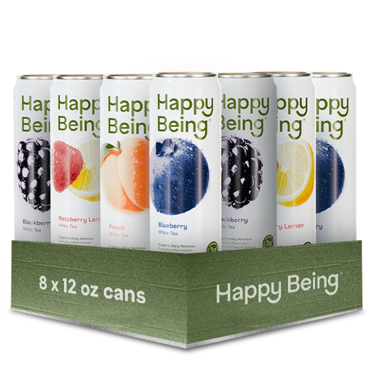happy being front packaging showing 8-pack and colorful cans, highlights convenience