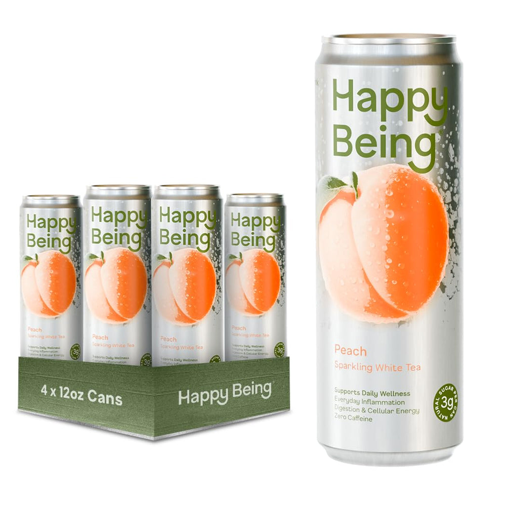 happy being front packaging showing peach sparkling white tea and refreshment