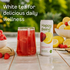 happy being label close-up showing raspberry lemon branding and natural ingredients