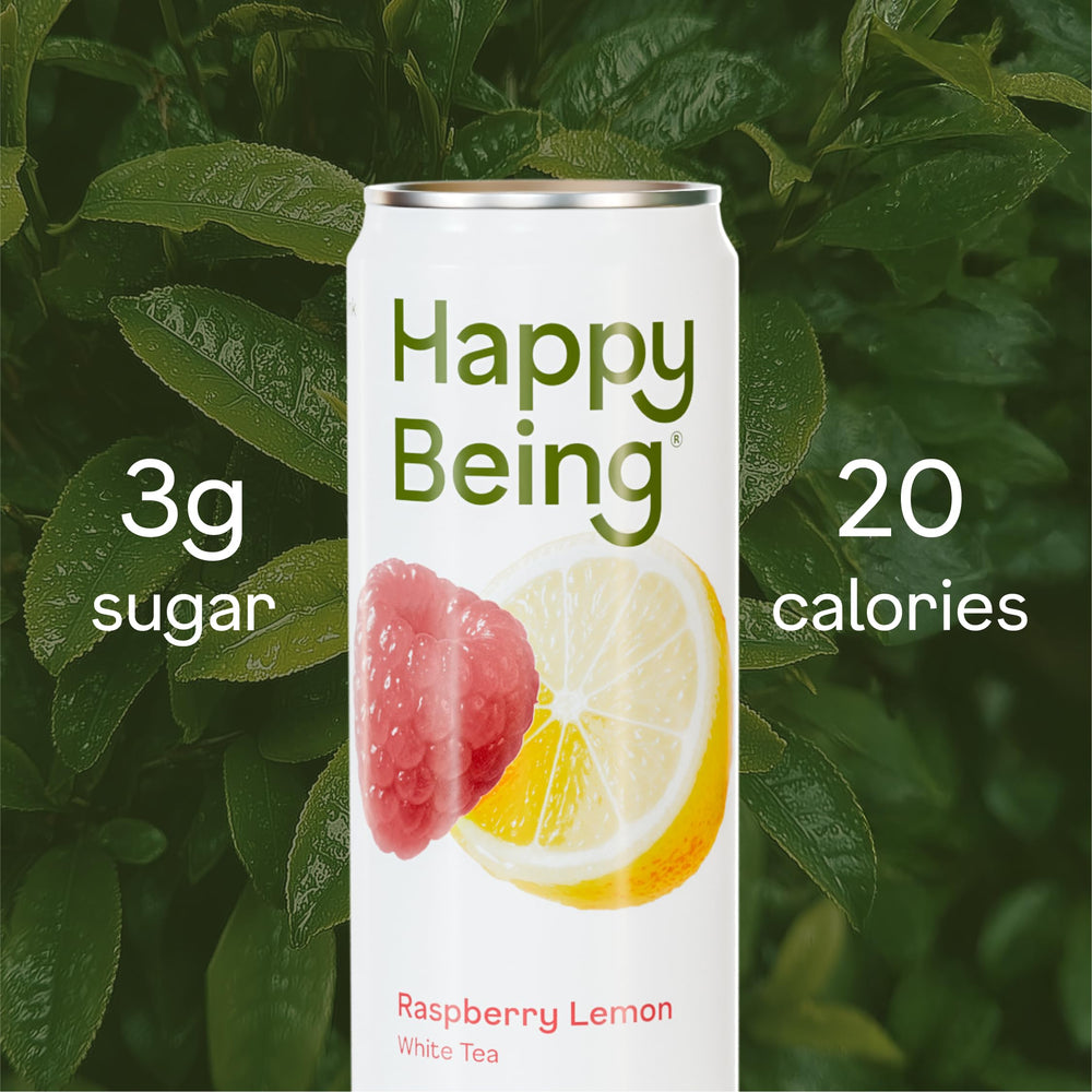 happy being can opening and pour into glass, demonstrating easy on-the-go refreshment