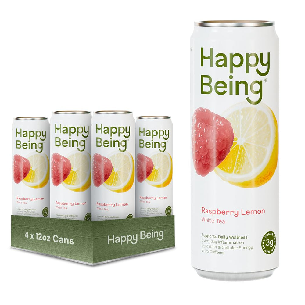 happy being front packaging showing can and four-pack, highlights refreshing flavor