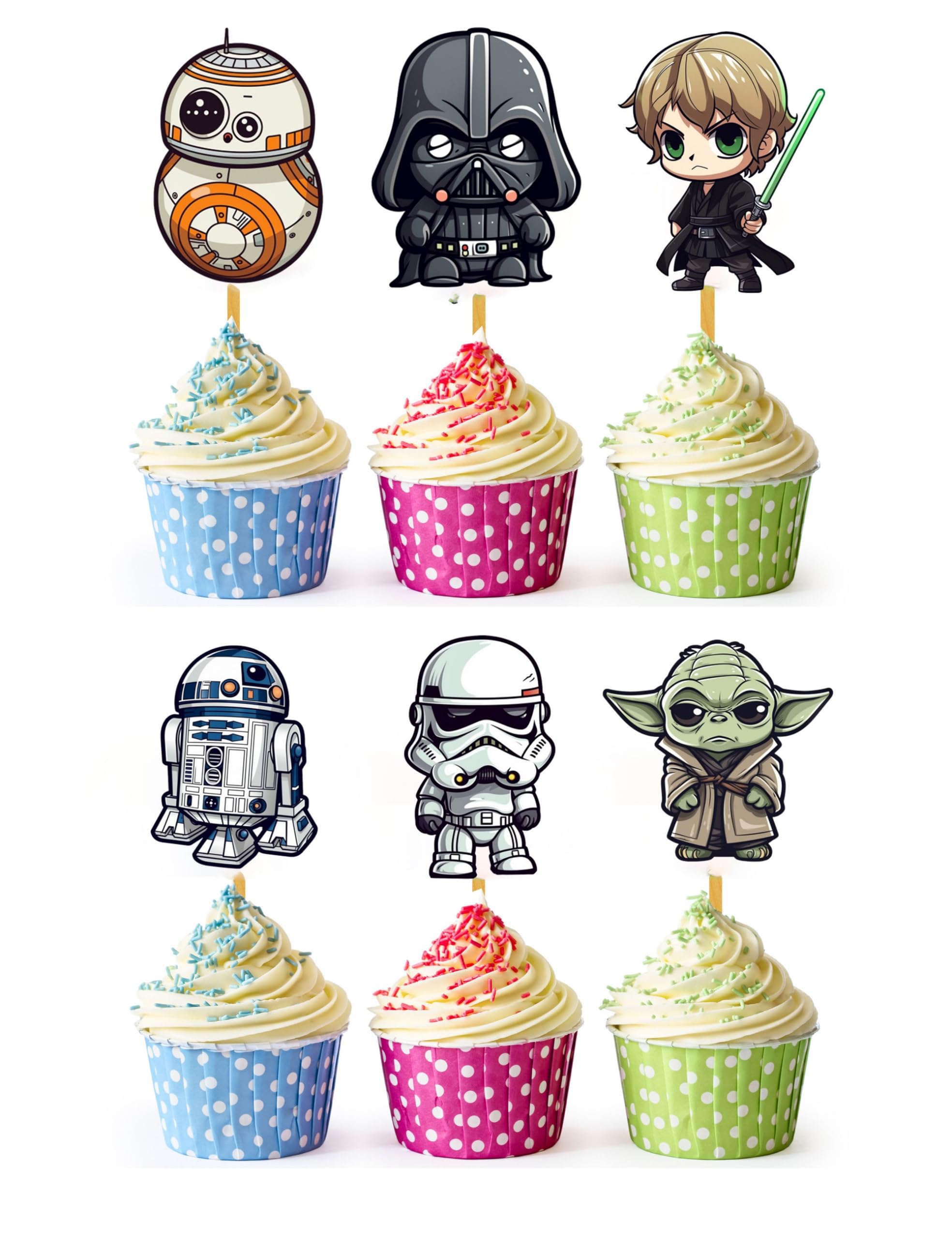 HAPPY CHOICES front packaging showing 24 space cupcake toppers and benefit of easy styling