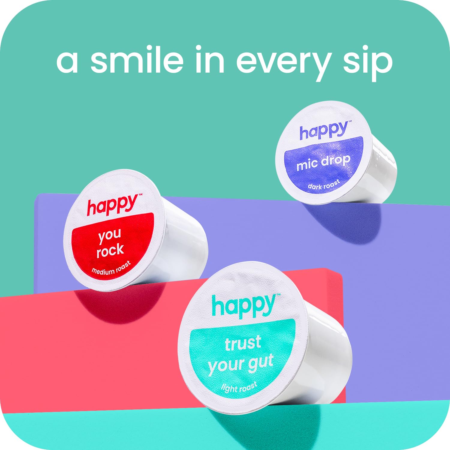 We Are Happy close-up of K-Cup pod top highlighting pod seal and convenience