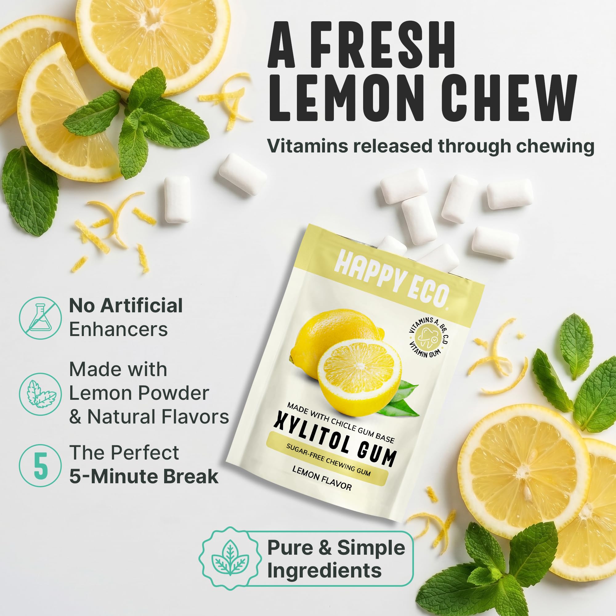 HAPPY ECO label and ingredient list showing natural chicle and xylitol benefits