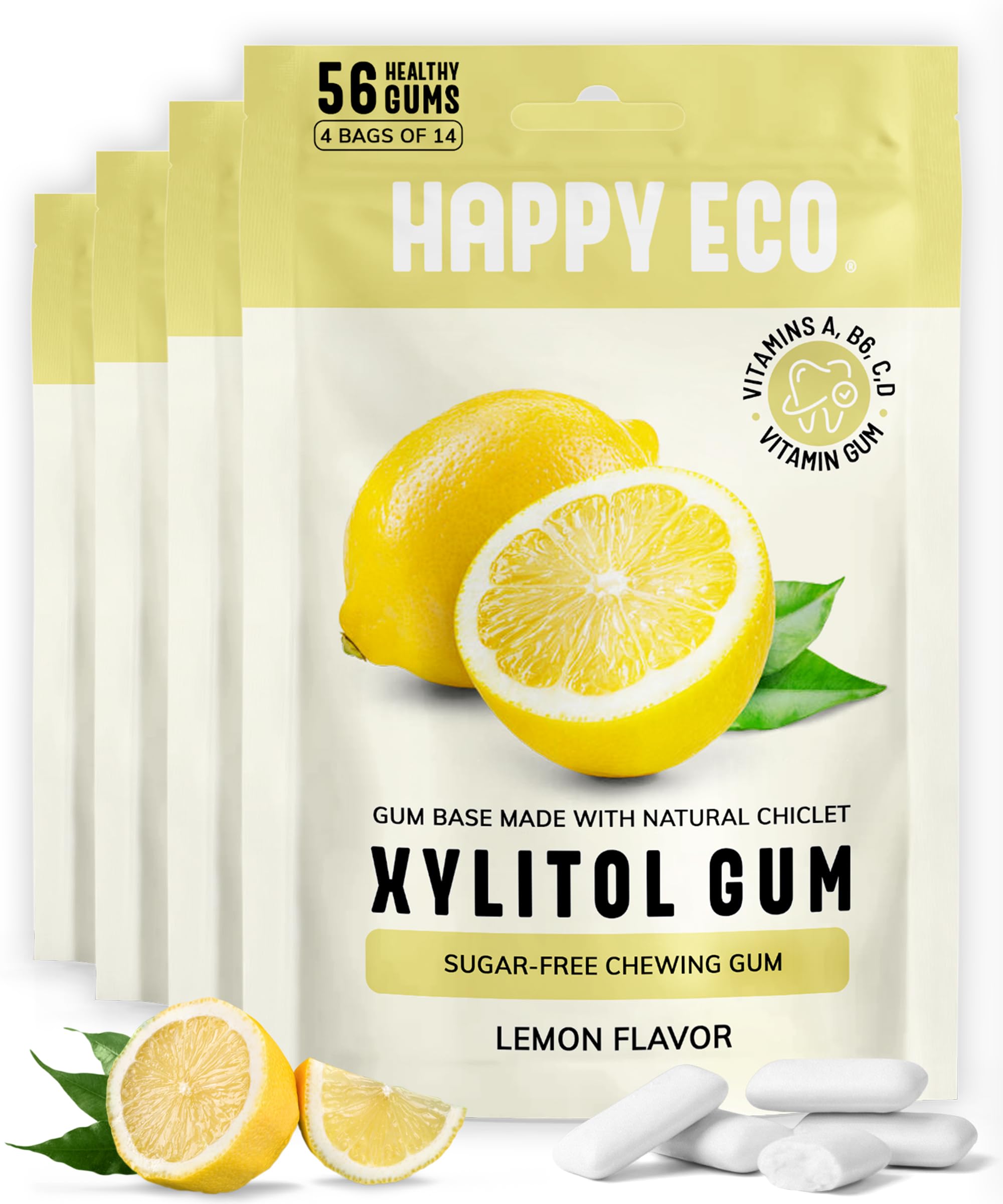 HAPPY ECO front packaging showing lemon vitamin gum and 4-pack convenience