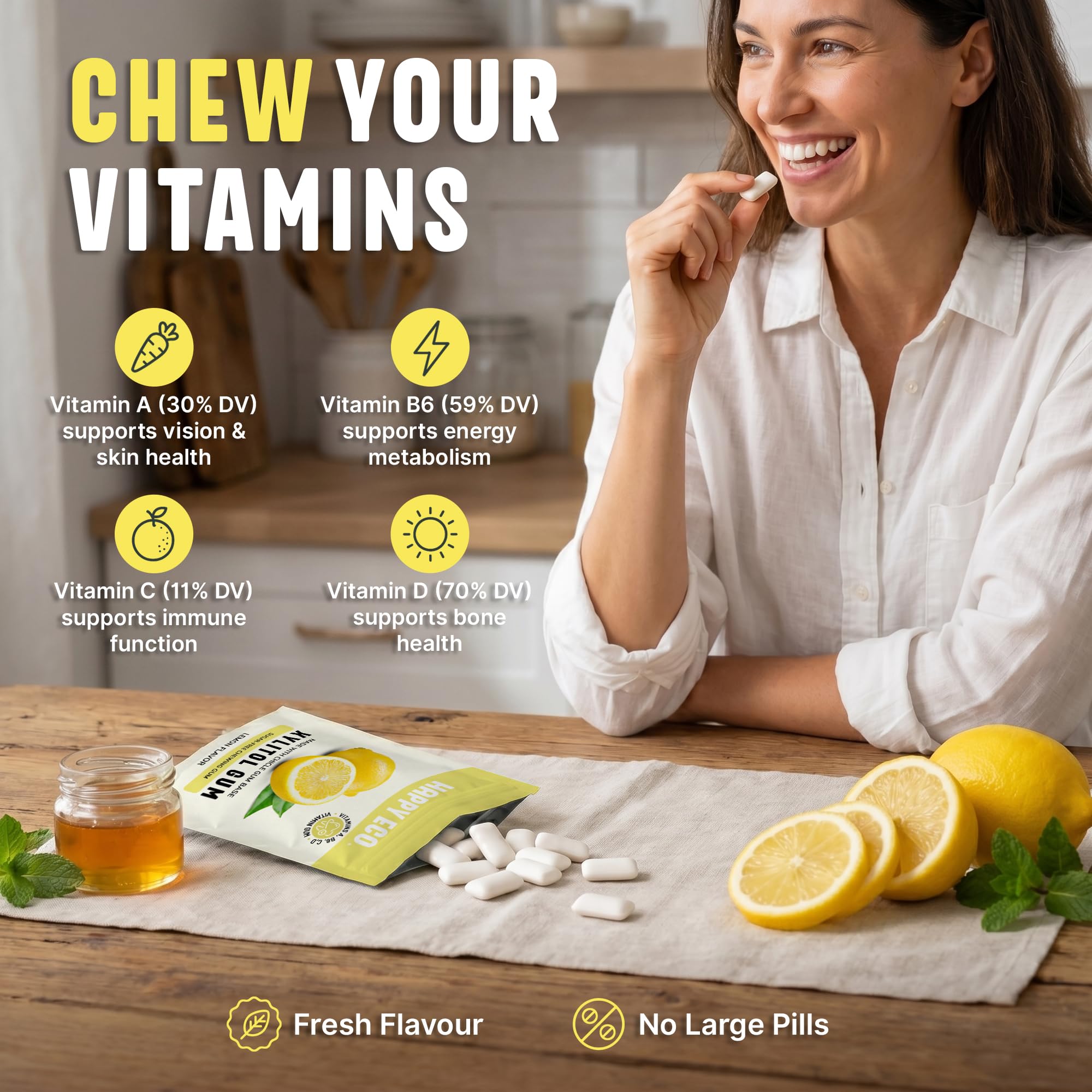 HAPPY ECO close-up of lemon gum piece showing texture and chew appeal