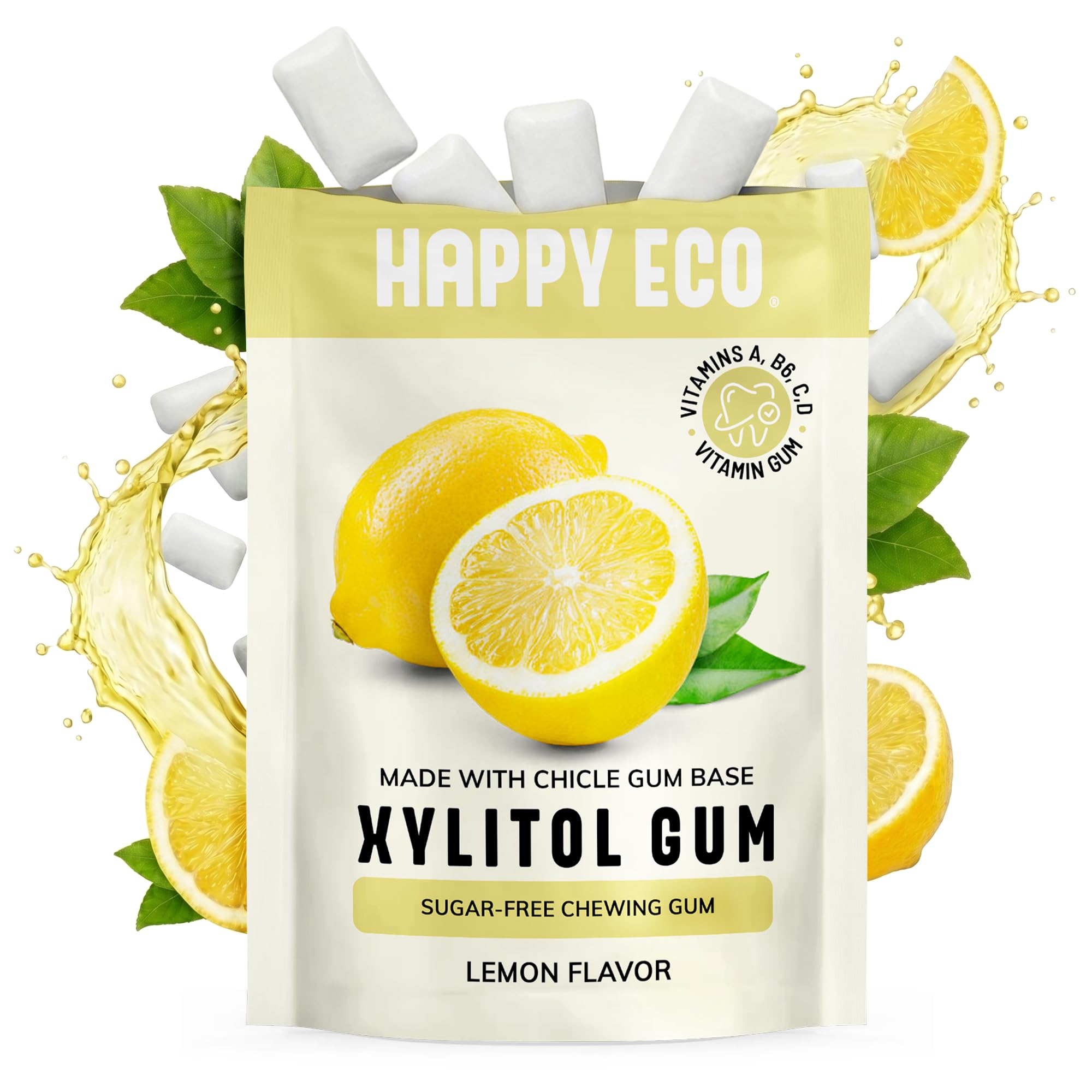 HAPPY ECO gum with lemon slices lifestyle shot illustrating natural flavor