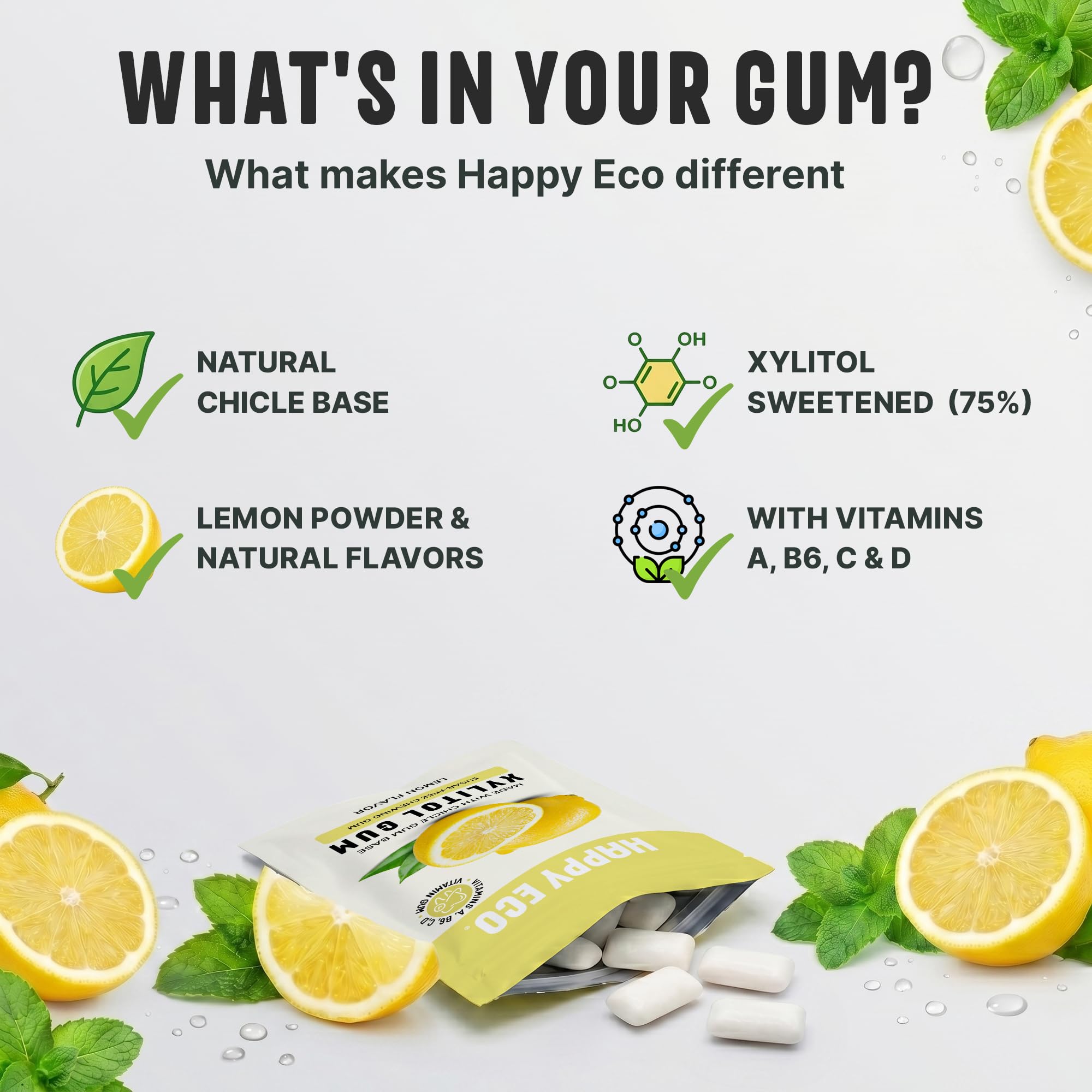 HAPPY ECO open tin with multiple gum pieces highlighting portion count