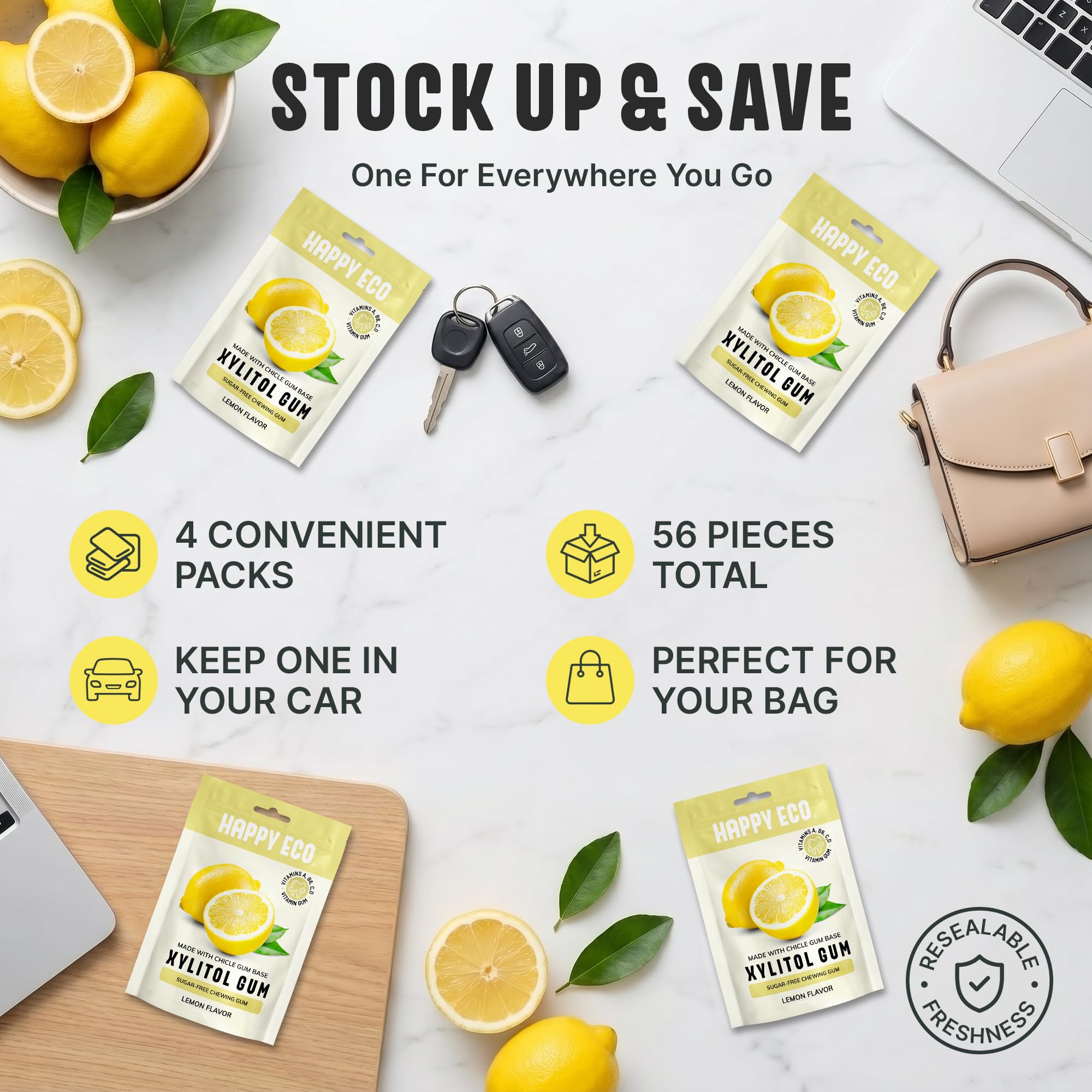 HAPPY ECO gum tin in a bag showing on-the-go vitamin convenience