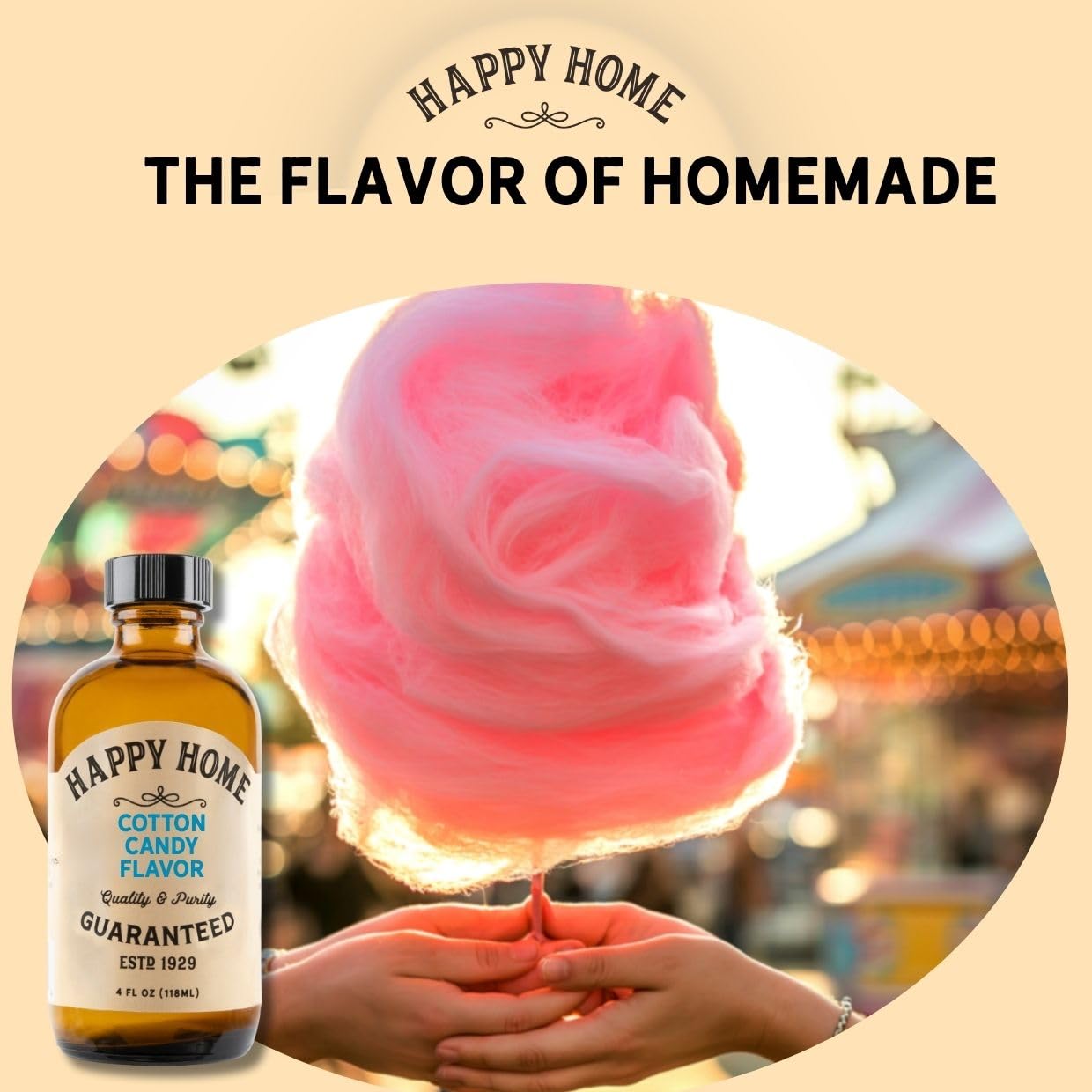 Happy Home bottle beside a frosted cupcake illustrating playful flavor use