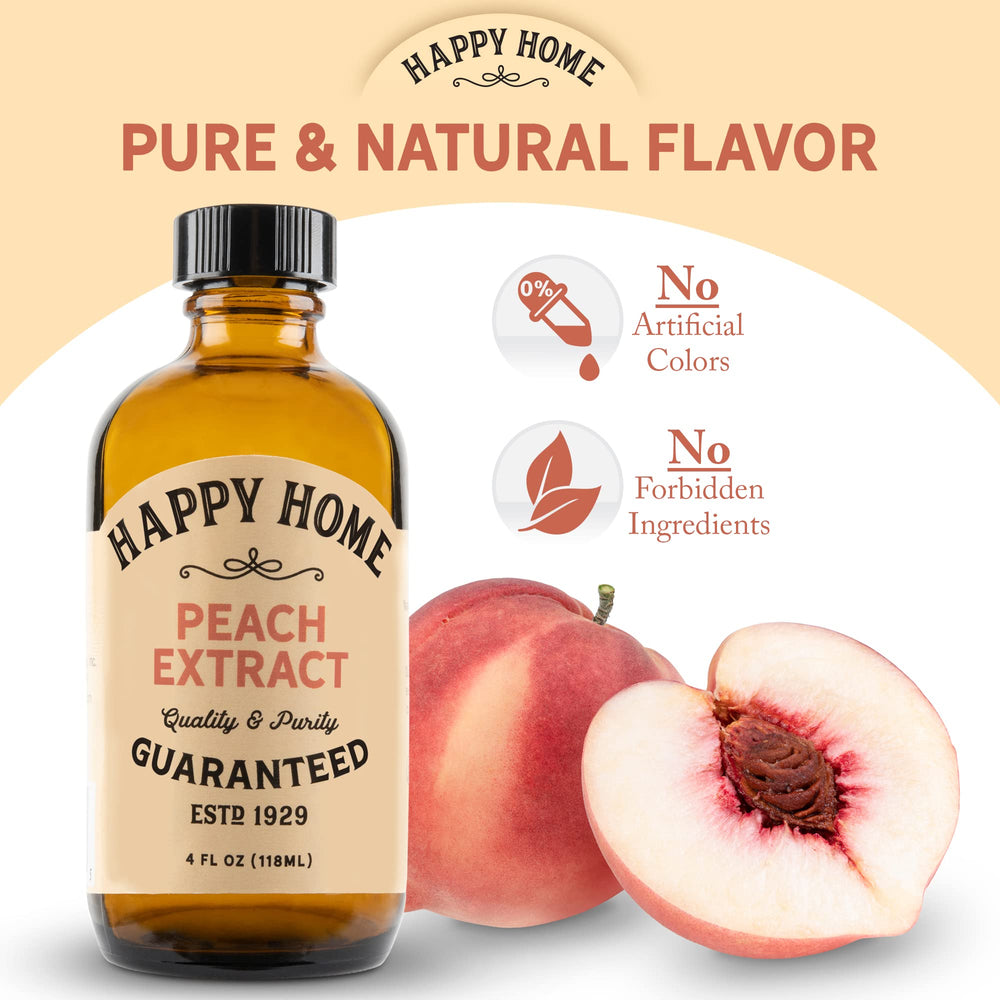 Happy Home label close-up highlighting natural peach flavor and ingredient clarity