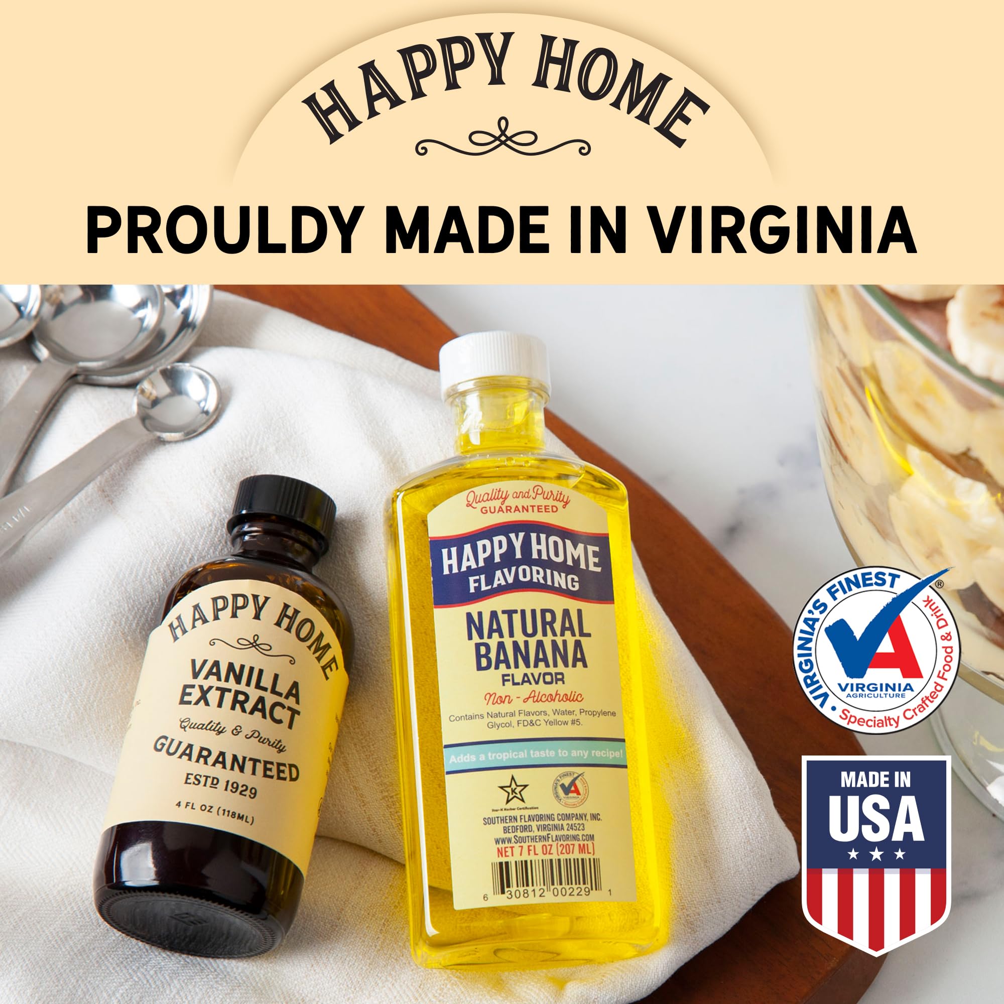 Happy Home peach flavor bottle on kitchen counter with finished pastry, inspires baking