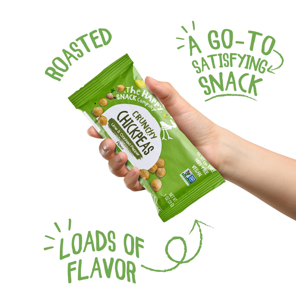 Happy Snack Company opened sea salt bag showing golden chickpeas and easy portion control