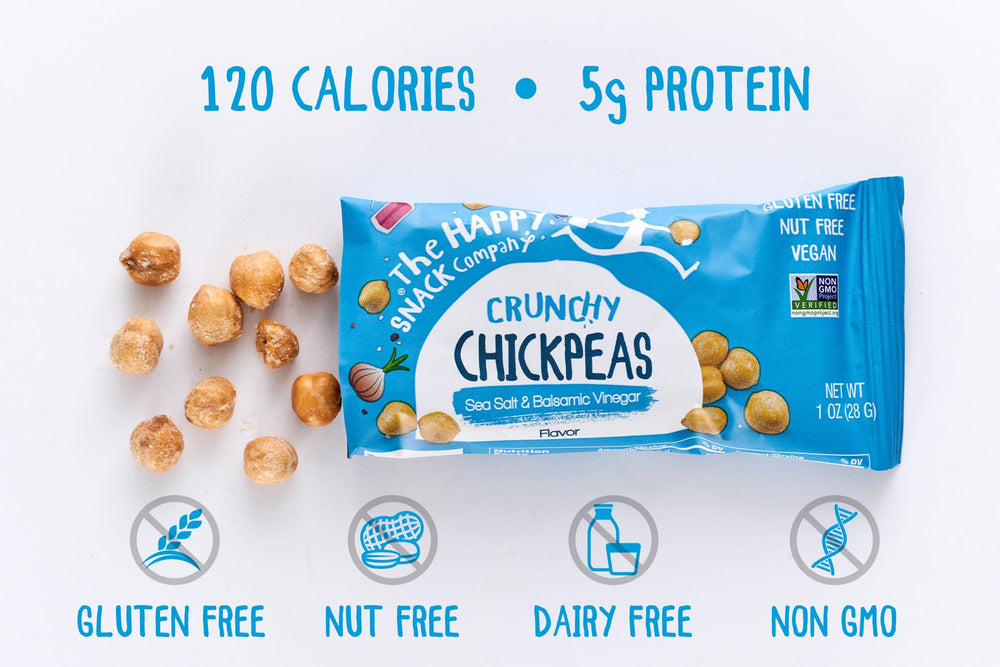 Happy Snack Company bowl with mixed sea salt lime and balsamic chickpeas for versatile use