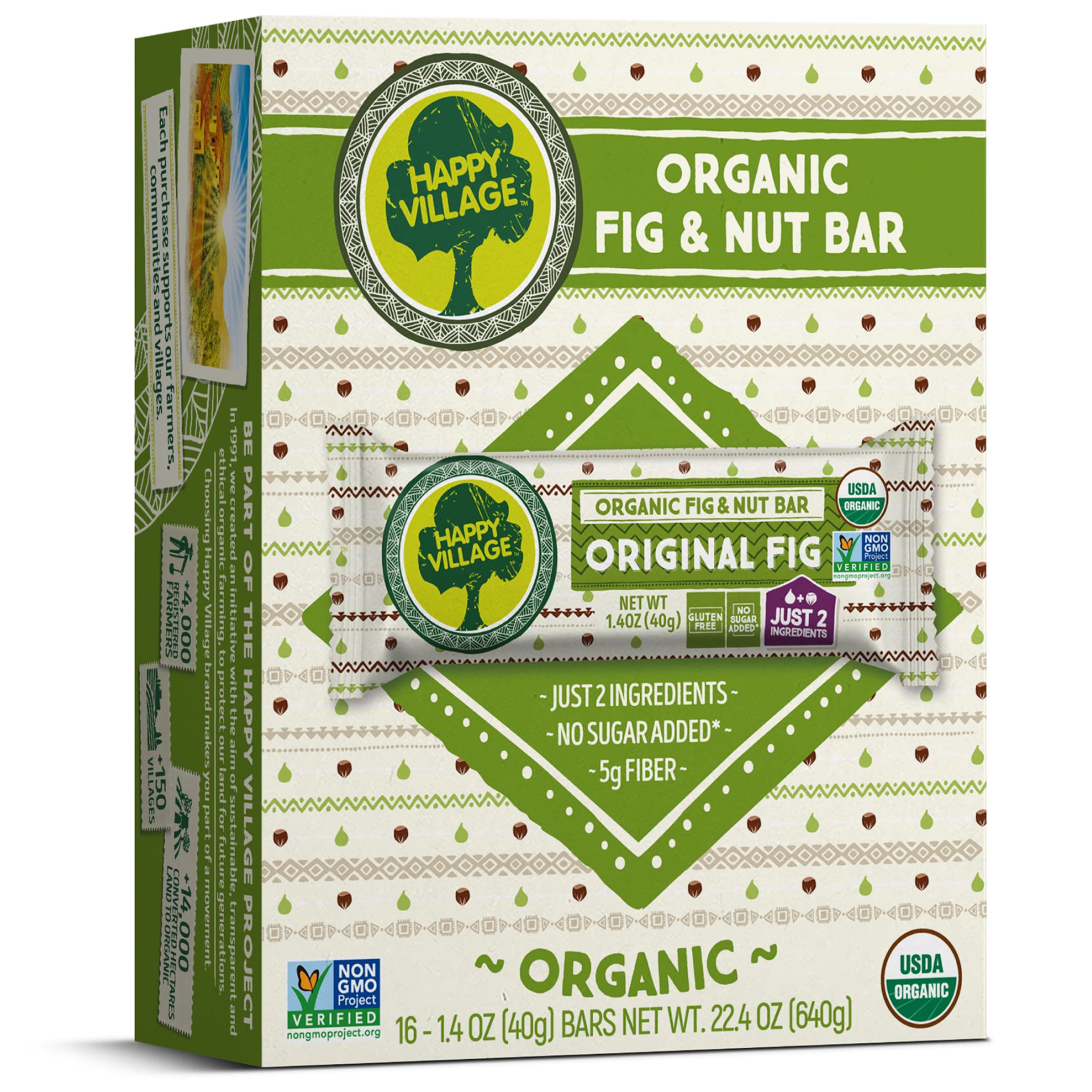 Happy Village front packaging showing organic fig and hazelnut benefits