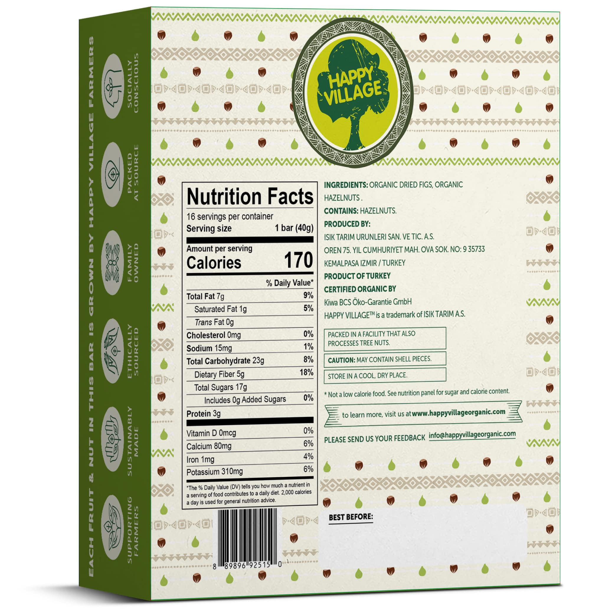 Happy Village bar on trail pack illustrating on-the-go nutrition and sustainability