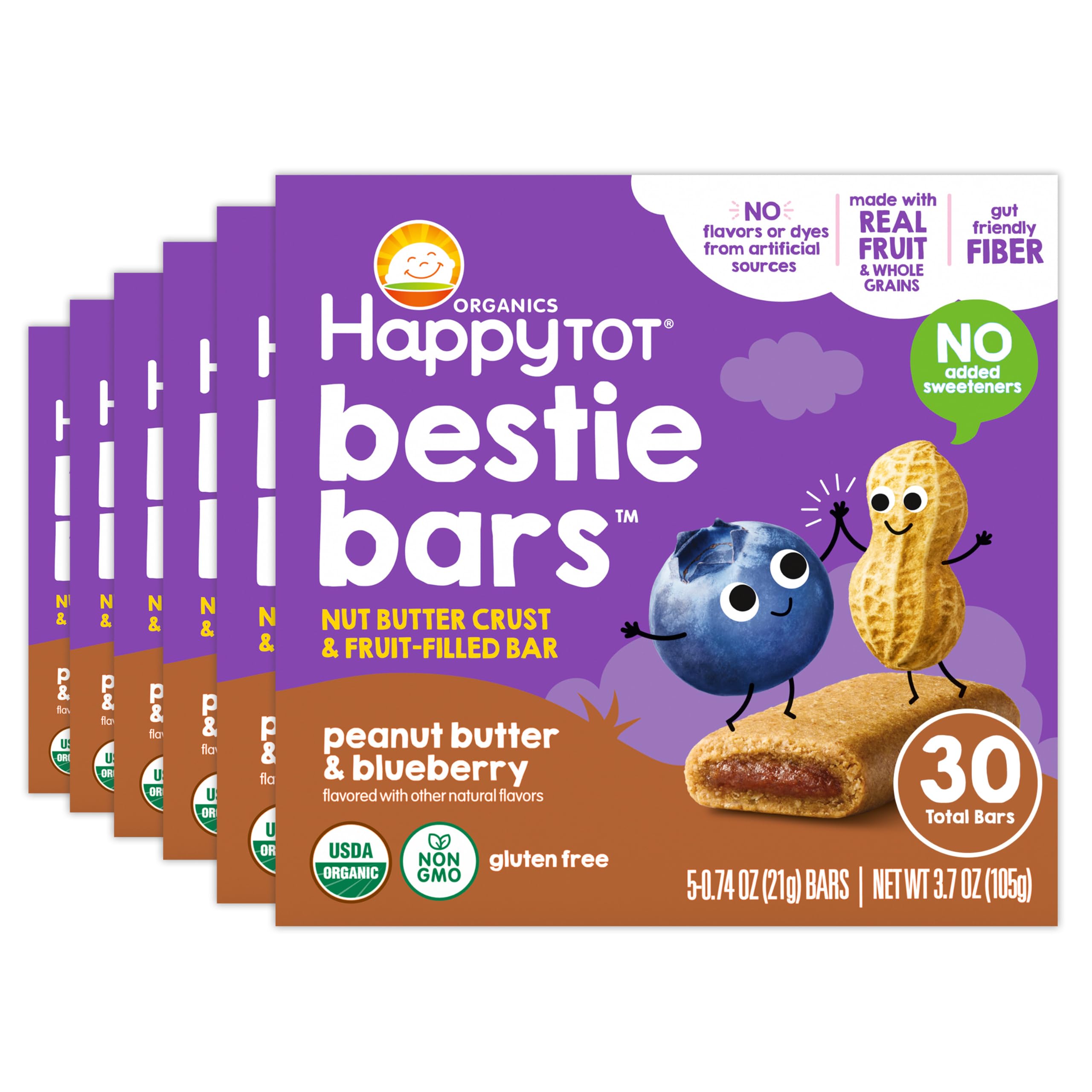 HAPPYTOT front packaging showing organic peanut butter blueberry bars and benefits
