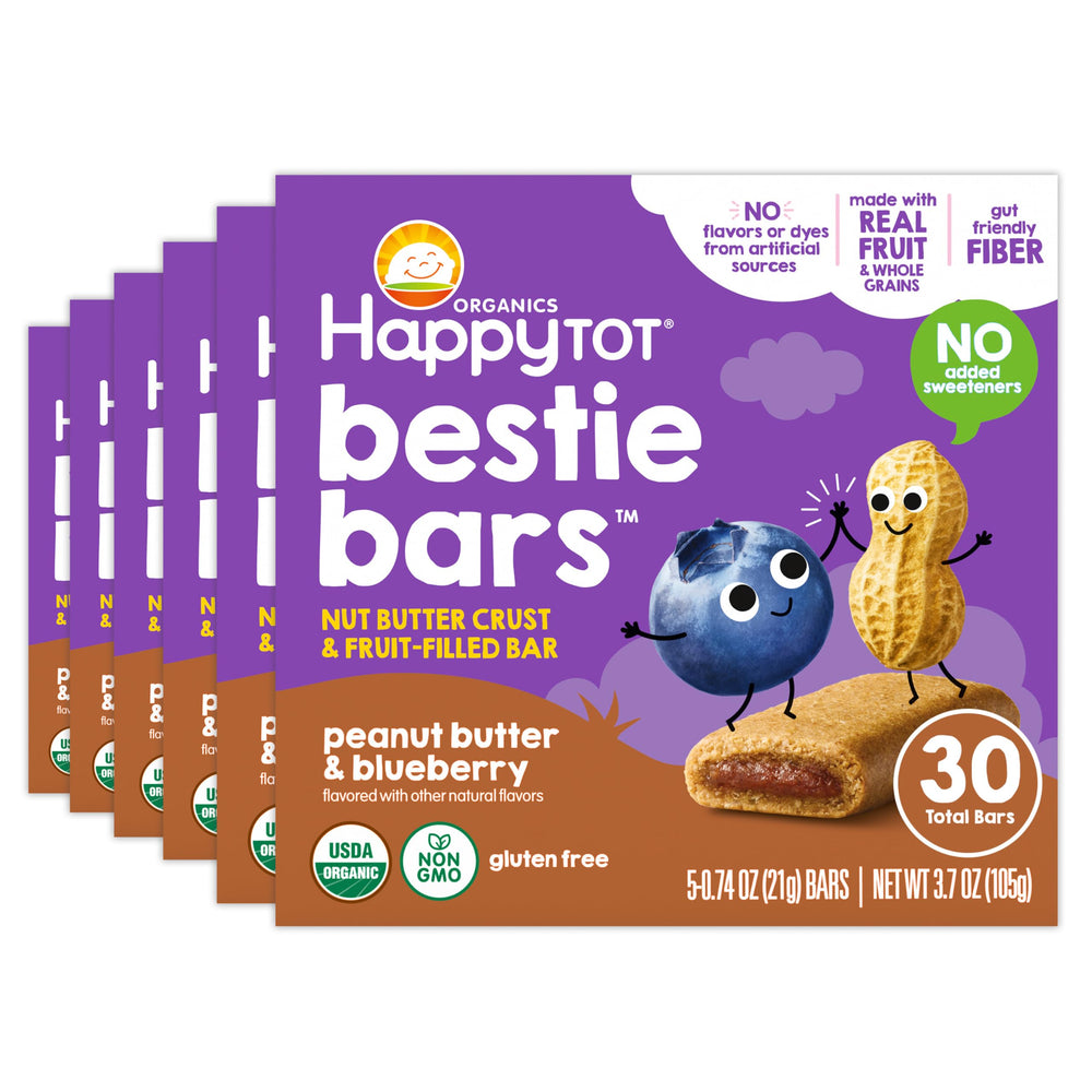 HAPPYTOT front packaging showing organic peanut butter blueberry bars and benefits