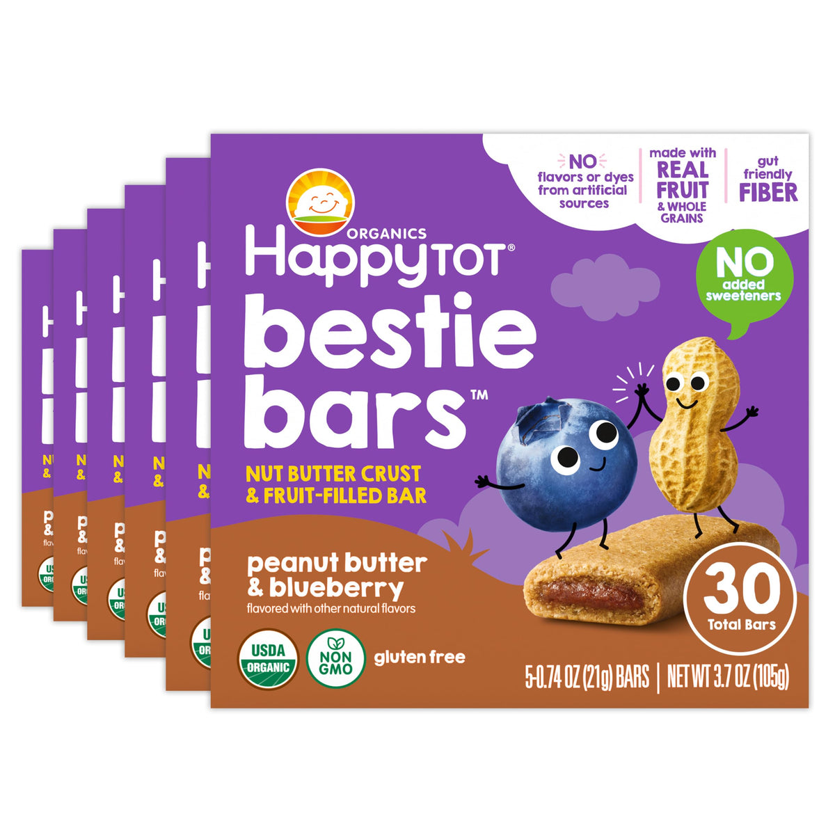 HAPPYTOT front packaging showing organic peanut butter blueberry bars and benefits