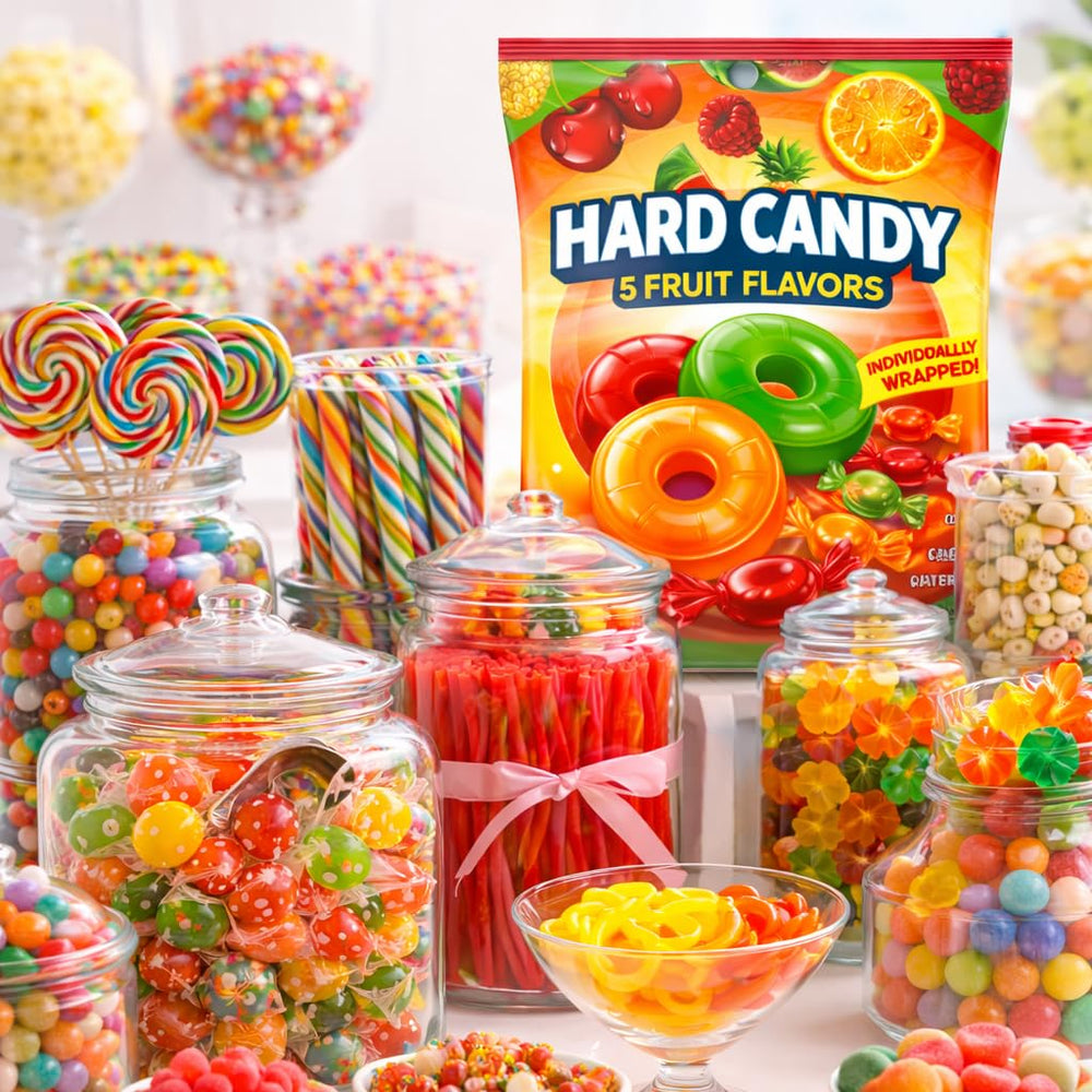 Generic hard candy close-up showing smooth hard texture and fruit-mint appeal