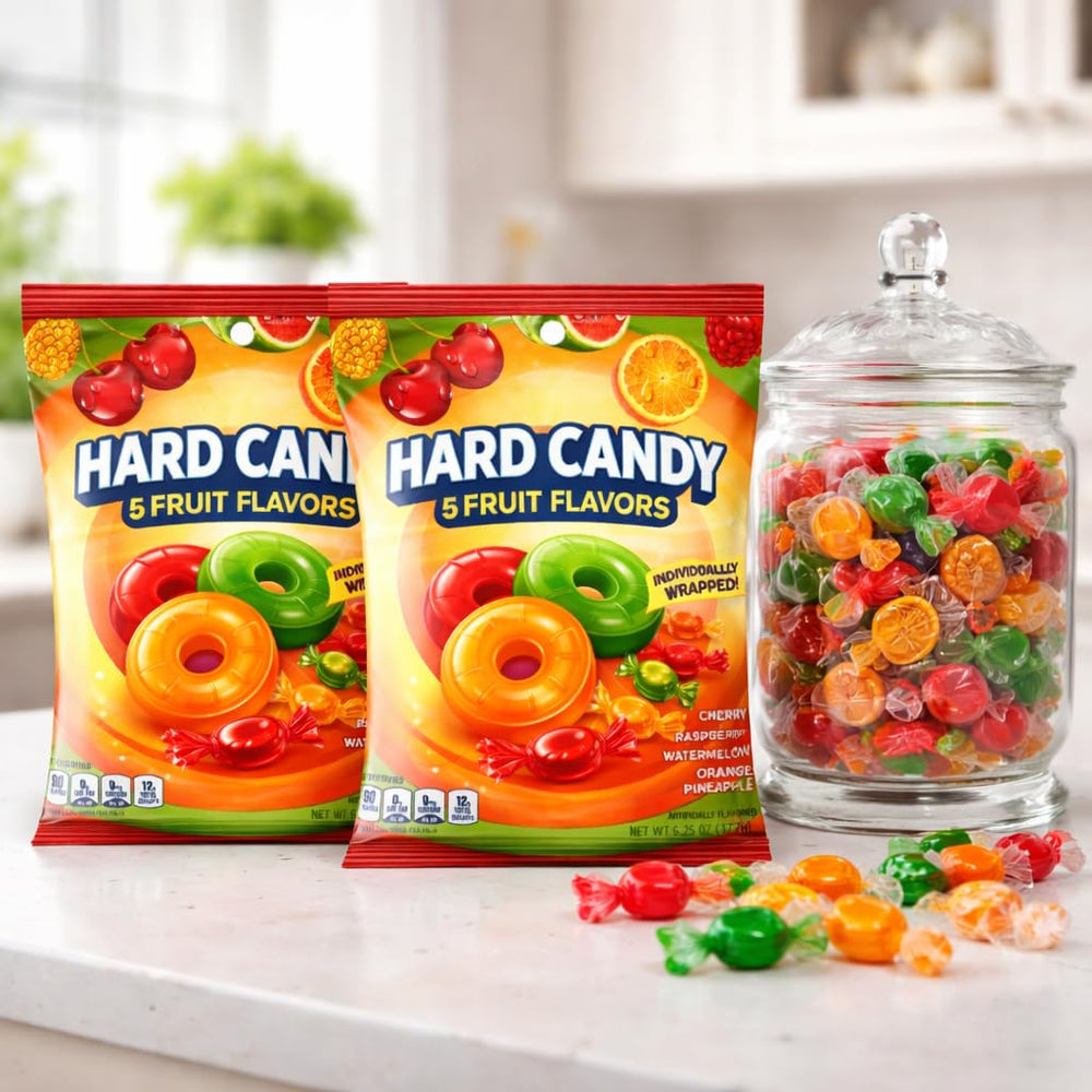Generic hard candy pouring from bag into bowl to illustrate convenience and shareability
