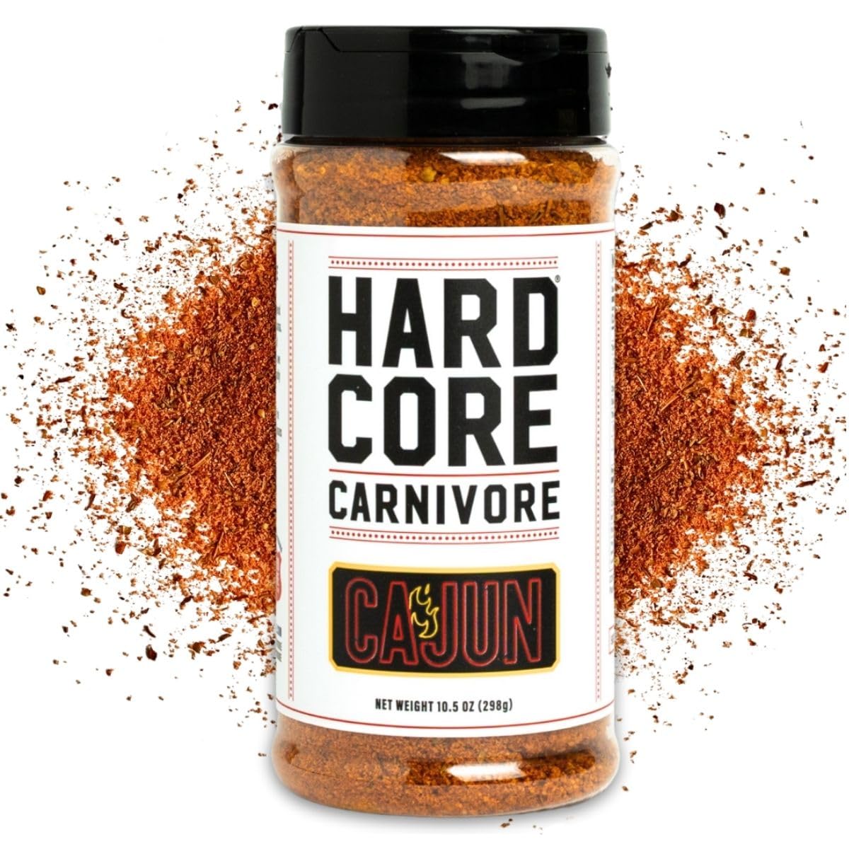 Hardcore Carnivore front packaging showing bold Cajun label and shaker offering visual appeal