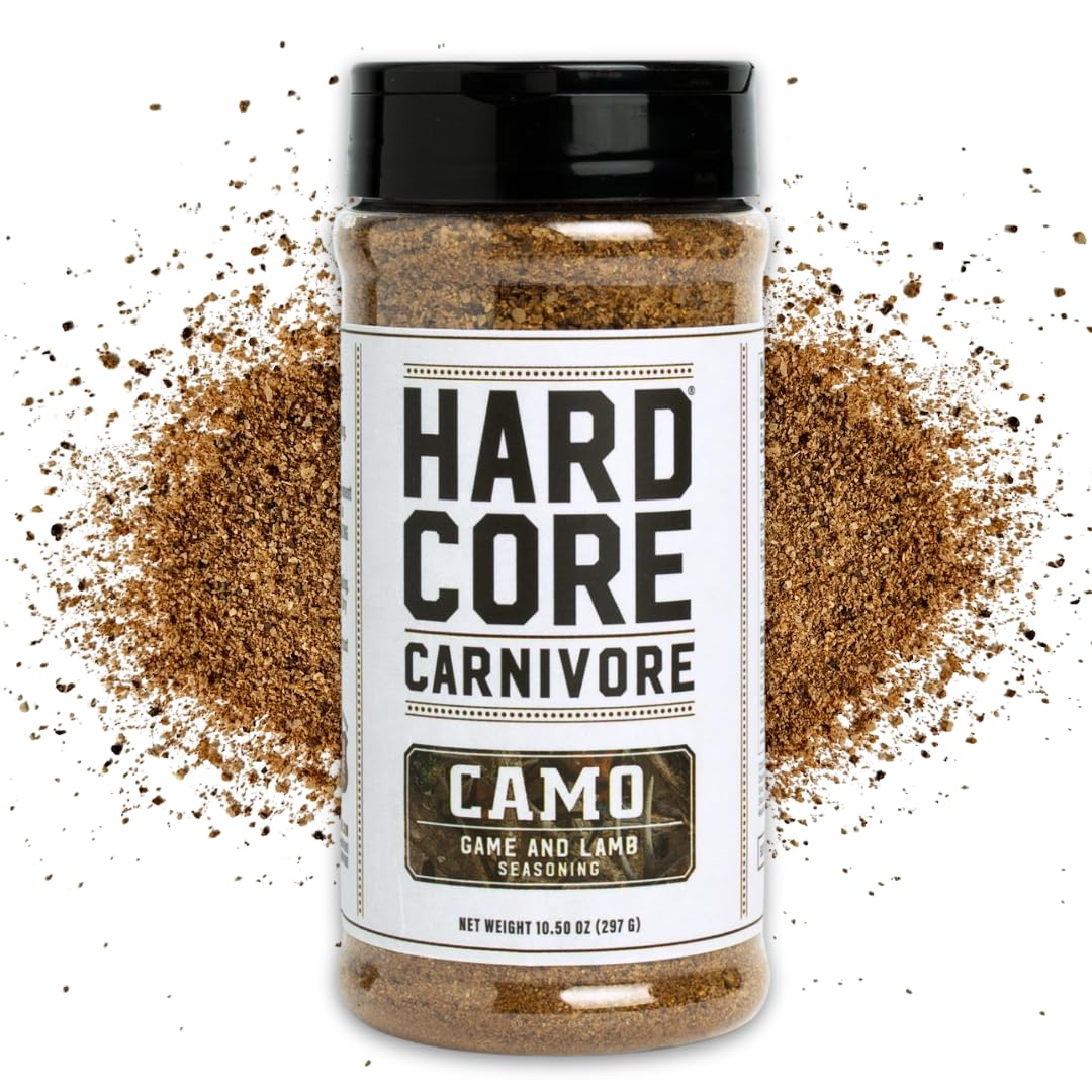 Hardcore Carnivore front packaging showing bold game rub and 10.5oz size benefit
