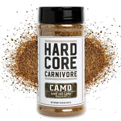 Hardcore Carnivore front packaging showing bold game rub and 10.5oz size benefit
