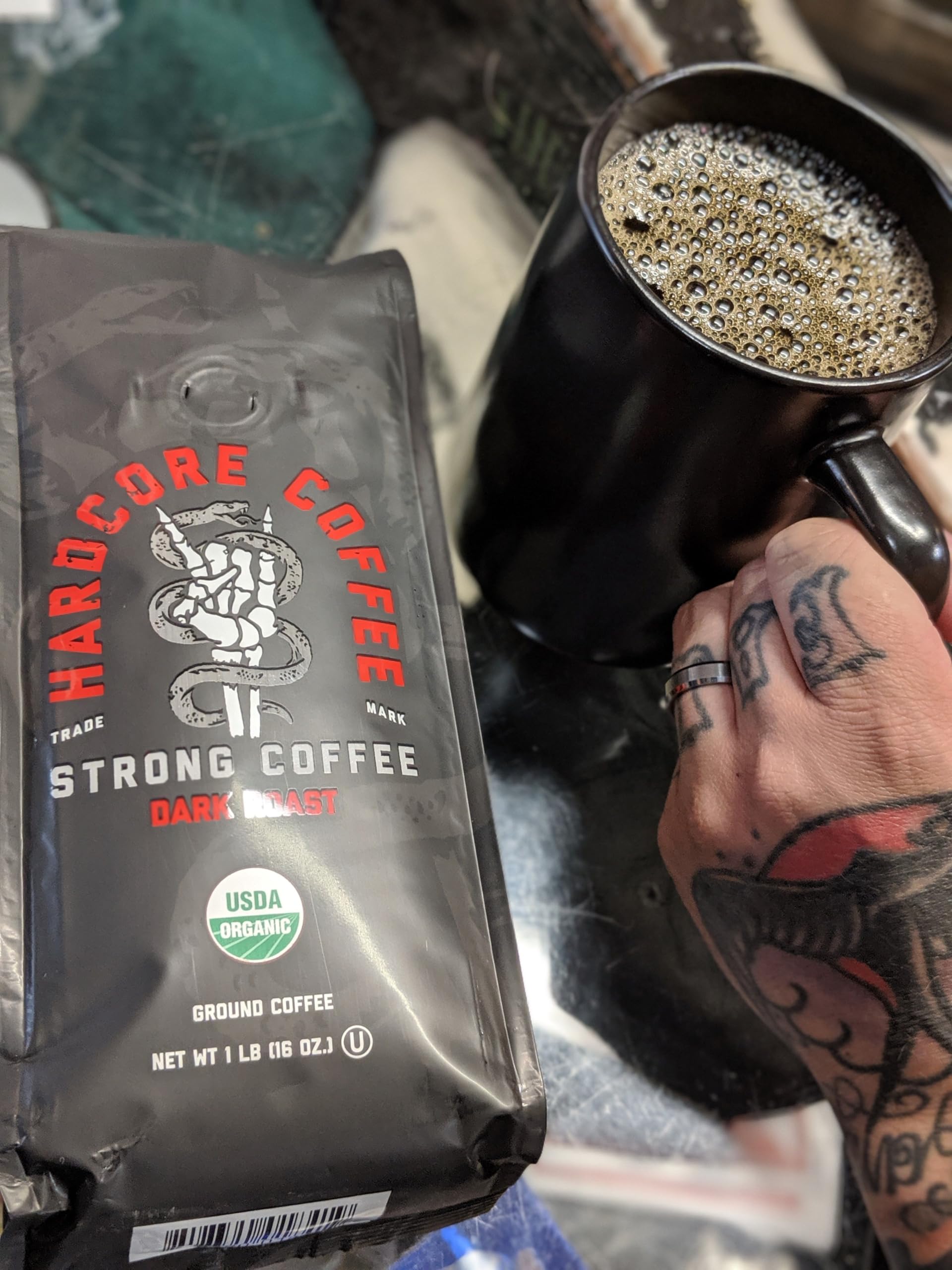 Hardcore Coffee in French press illustrating rich color and bold extraction