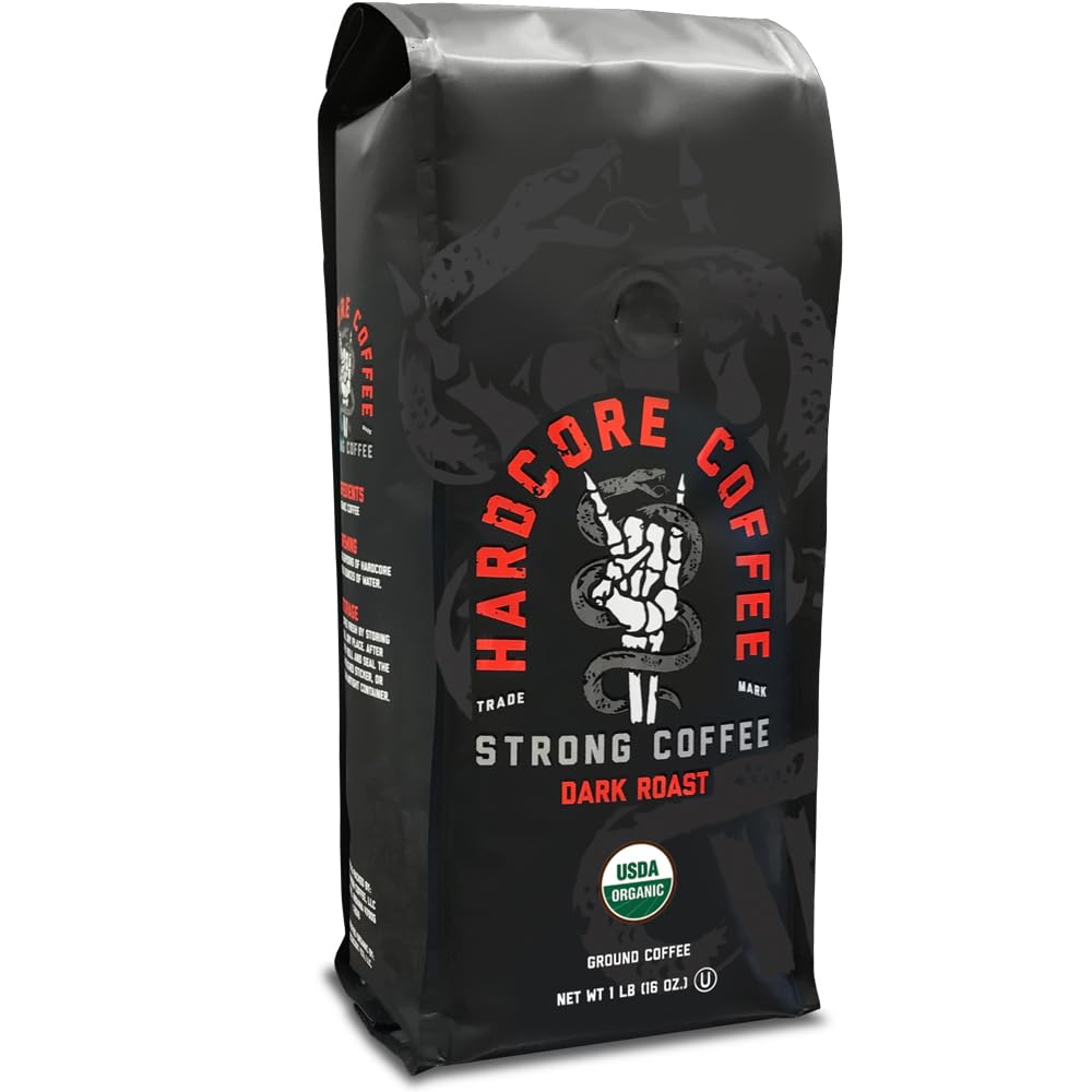 Hardcore Coffee front packaging showing high-caffeine organic label and benefits