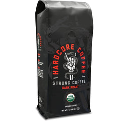 Hardcore Coffee front packaging showing high-caffeine organic label and benefits