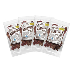 Hardtimes front packaging showing four sealed snack bags and brand logo for easy storage