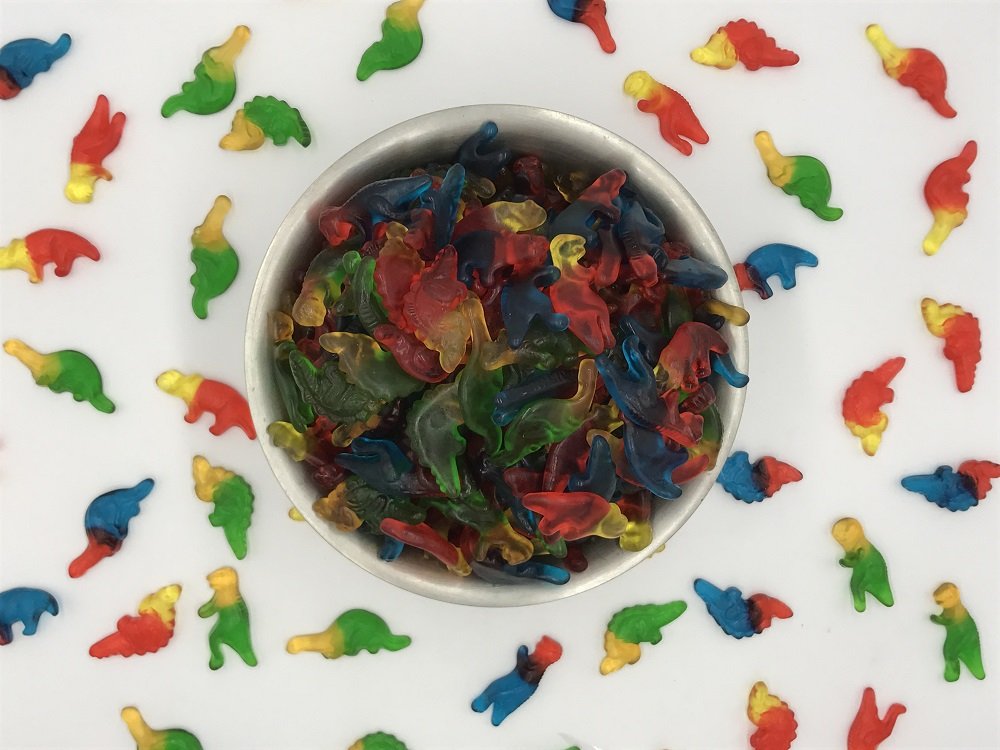 HARIBO close-up of gummy texture highlighting soft chew and detailed dinosaur shapes