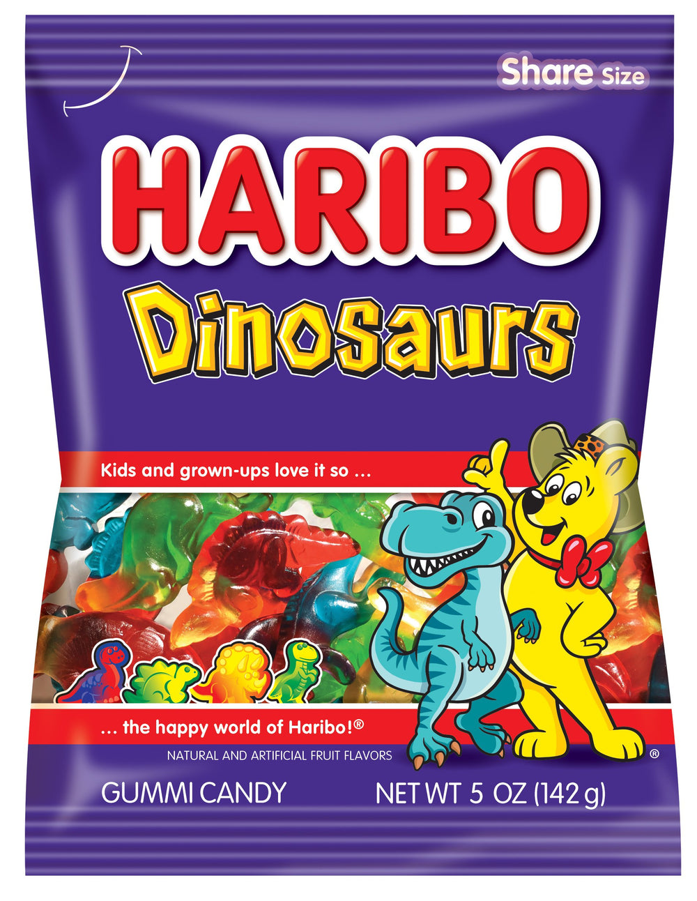 HARIBO front packaging showing 5 oz bag and colorful dinosaurs, ideal for gifting