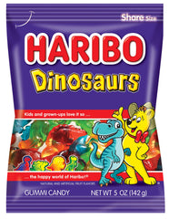 HARIBO front packaging showing 5 oz bag and colorful dinosaurs, ideal for gifting