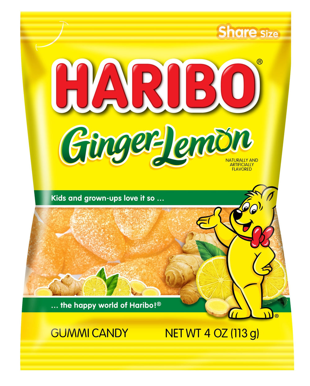 HARIBO front packaging showing ginger-lemon bag and brand appeal