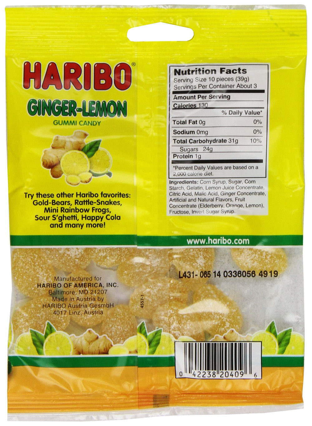 HARIBO open bag with gummies spilling, convenient portion shown