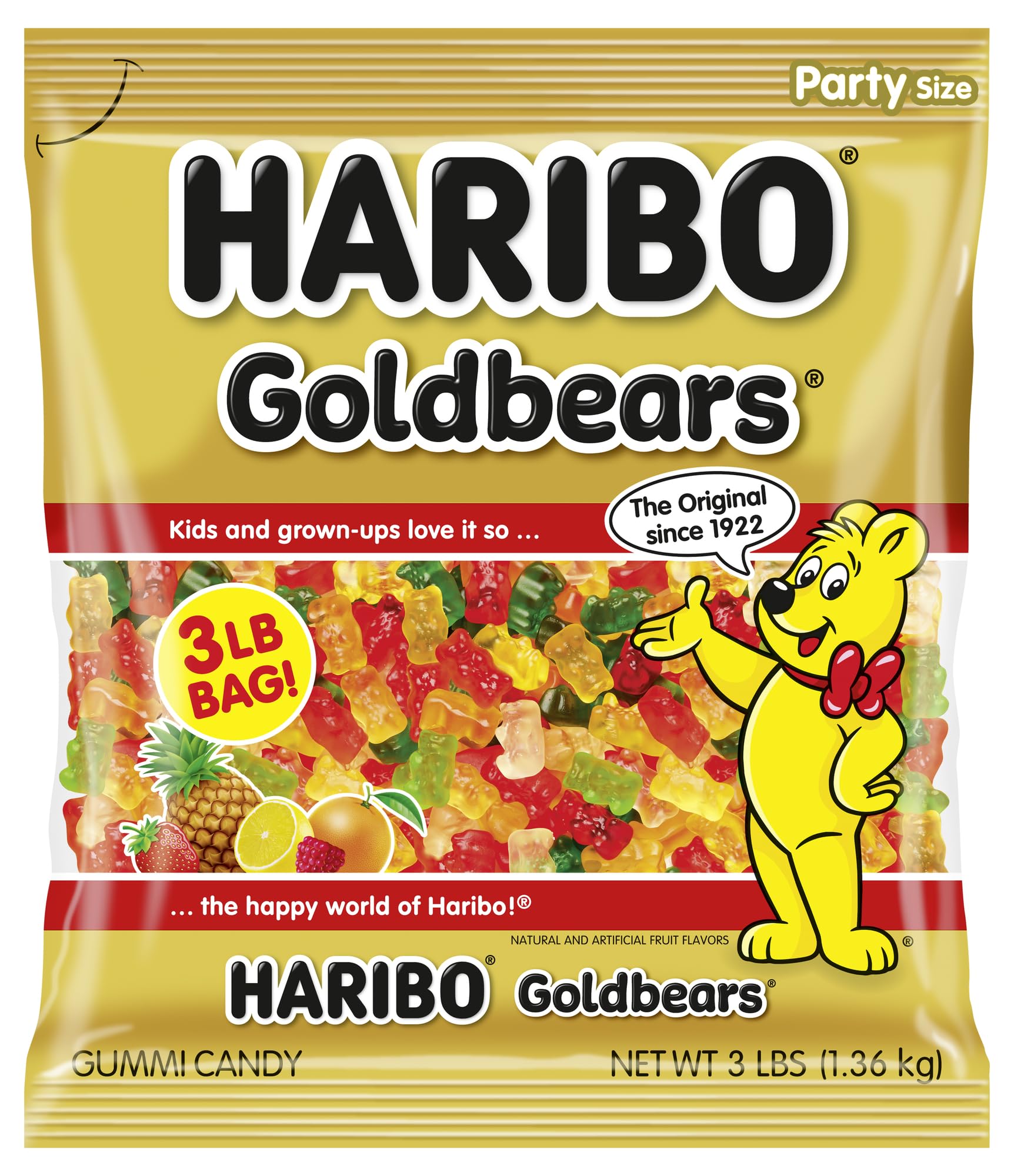 HARIBO Goldbears front packaging showing bulk bag and five flavors for sharing
