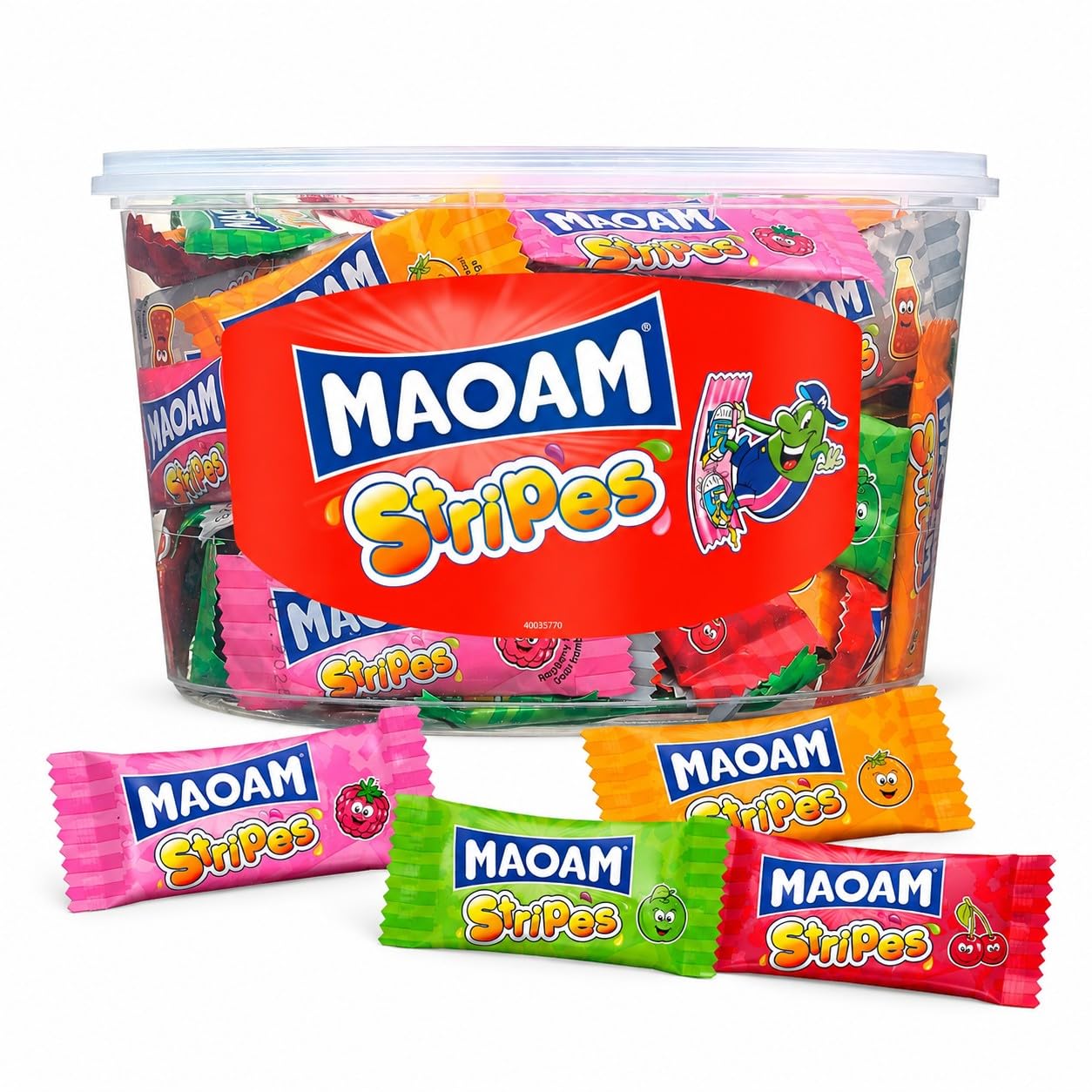 Haribo MAOAM Stripes tub front view showing brand and colorful packaging for gifting