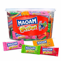 Haribo MAOAM Stripes tub front view showing brand and colorful packaging for gifting