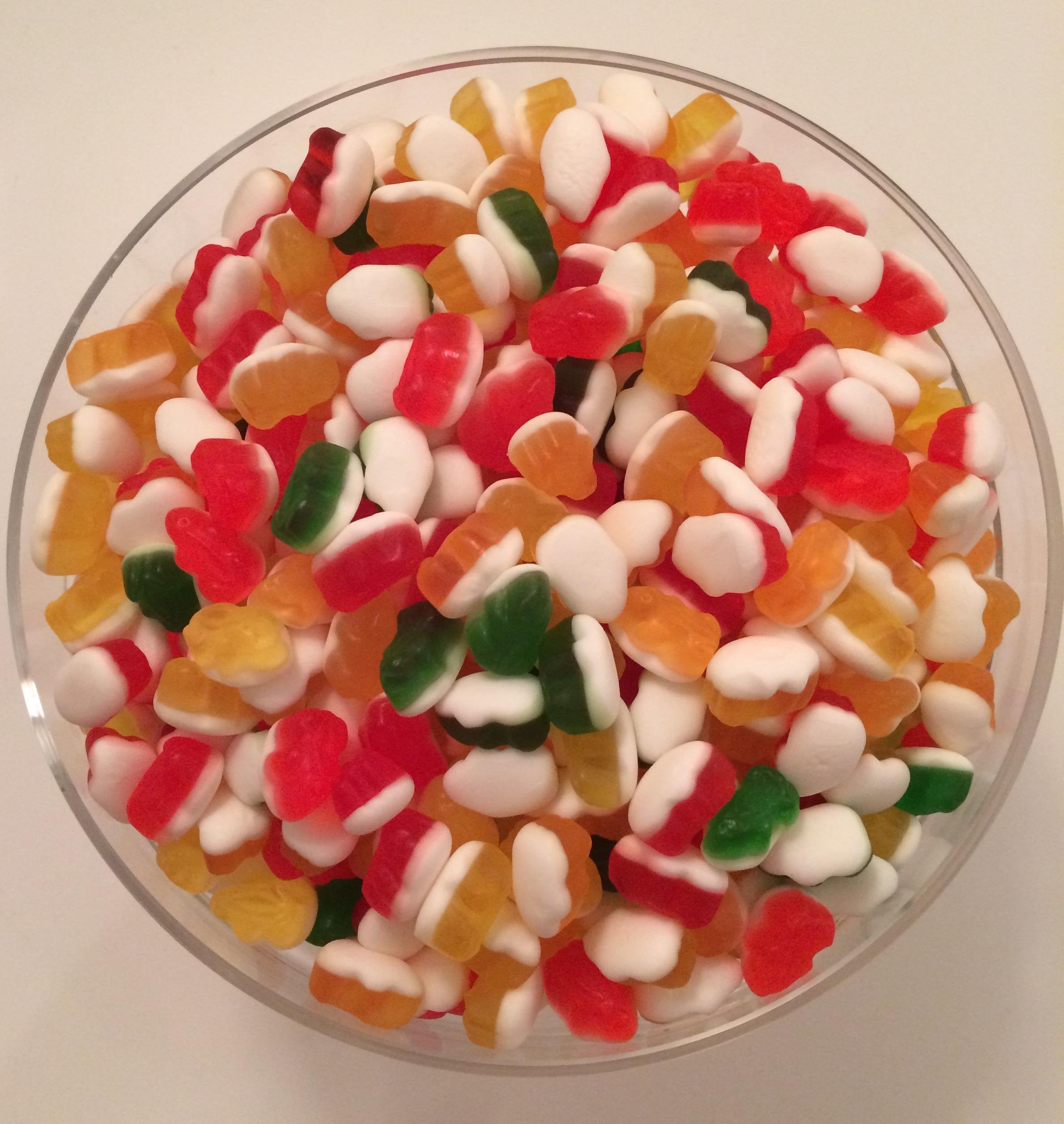 HARIBO bowl of Mini Rainbow Frogs on table, ideal for parties and sharing