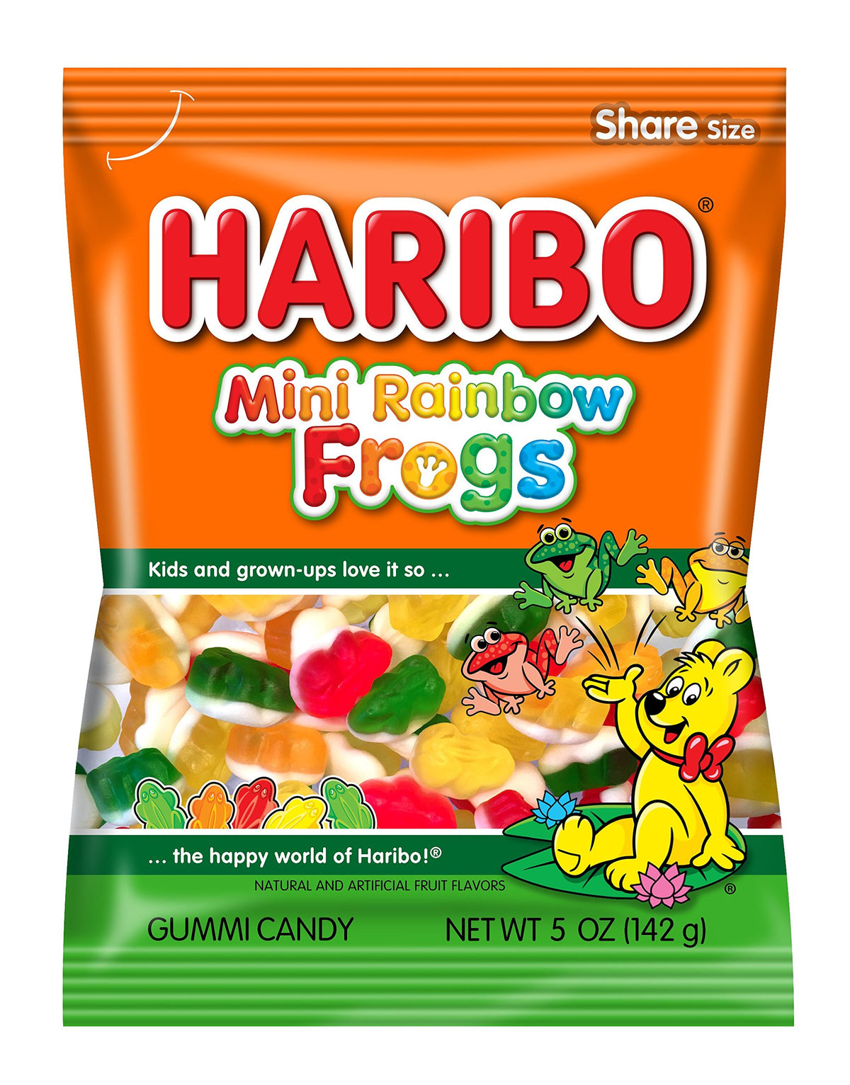 HARIBO front packaging showing colorful Mini Rainbow Frogs, convenient multi-pack benefit