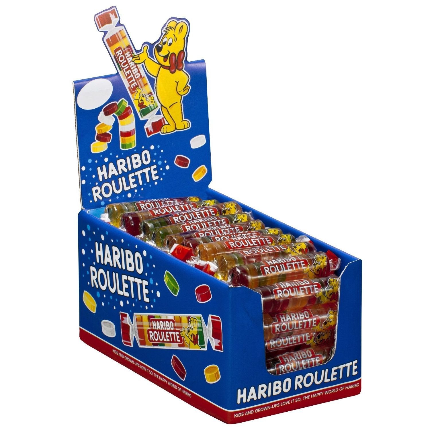 Haribo Roulette front roll showing colorful pieces and easy sharing benefit
