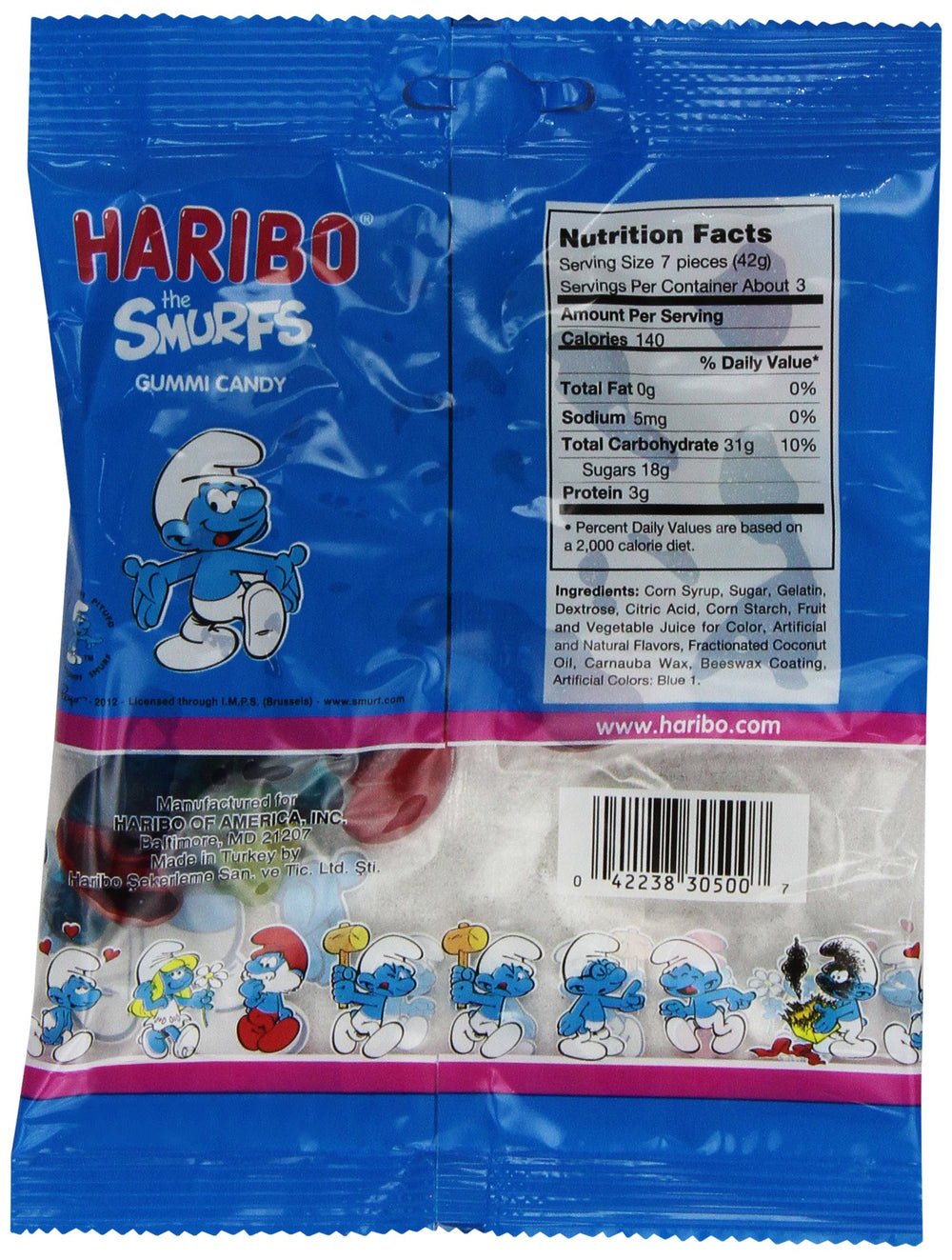 HARIBO close-up of Smurfs gummy texture highlighting soft-chewy consistency and bright colors