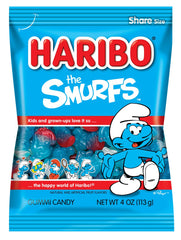 HARIBO front packaging showing Smurfs gummies and inviting design for easy recognition and appeal