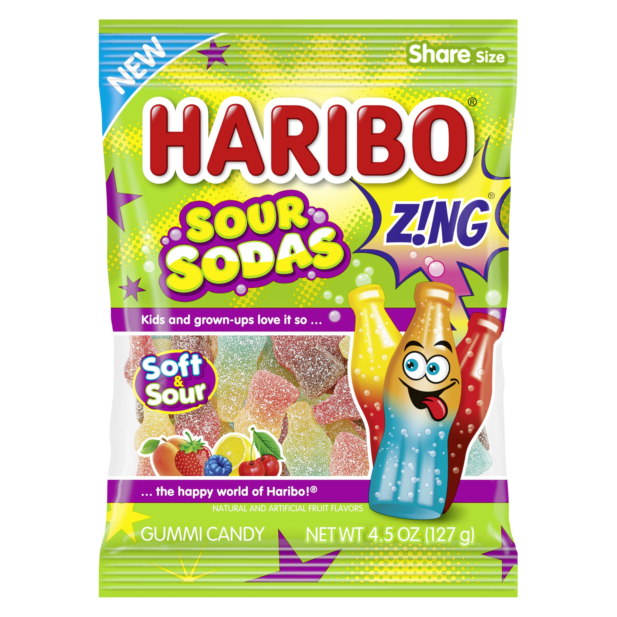 Haribo Sour Sodas front packaging showing bags and flavors for easy selection