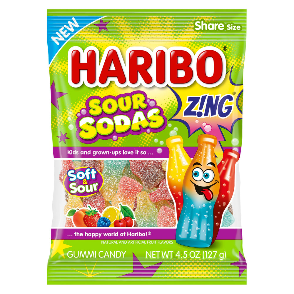 Haribo Sour Sodas front packaging showing bags and flavors for easy selection