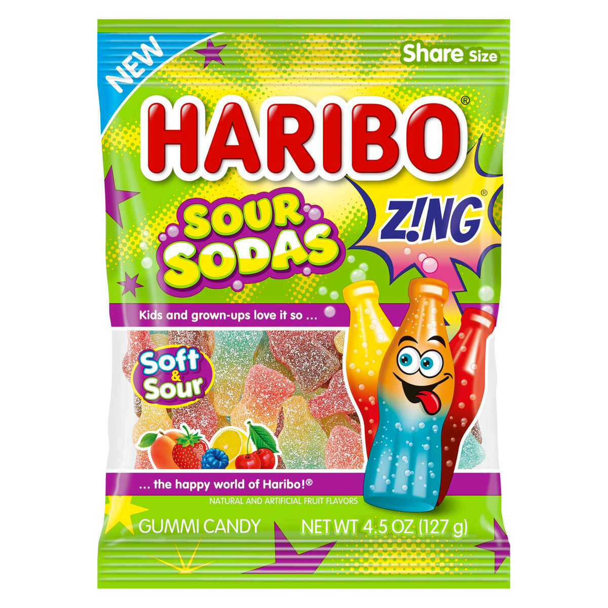 Haribo Sour Sodas front packaging showing bags and flavors for easy selection