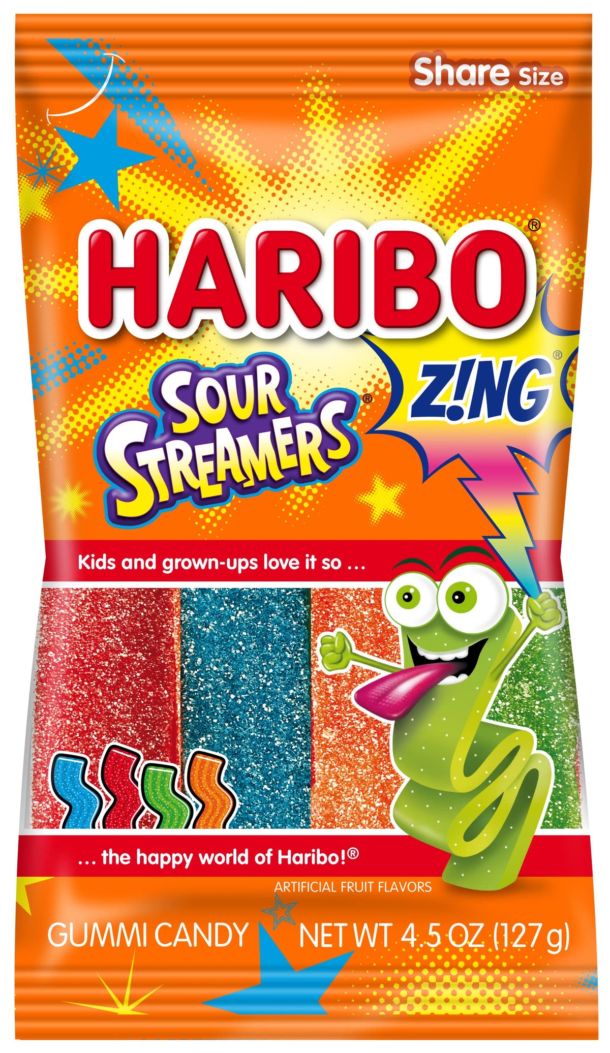 HARIBO sour streamers front of bag showing colorful strips and playful sour appeal